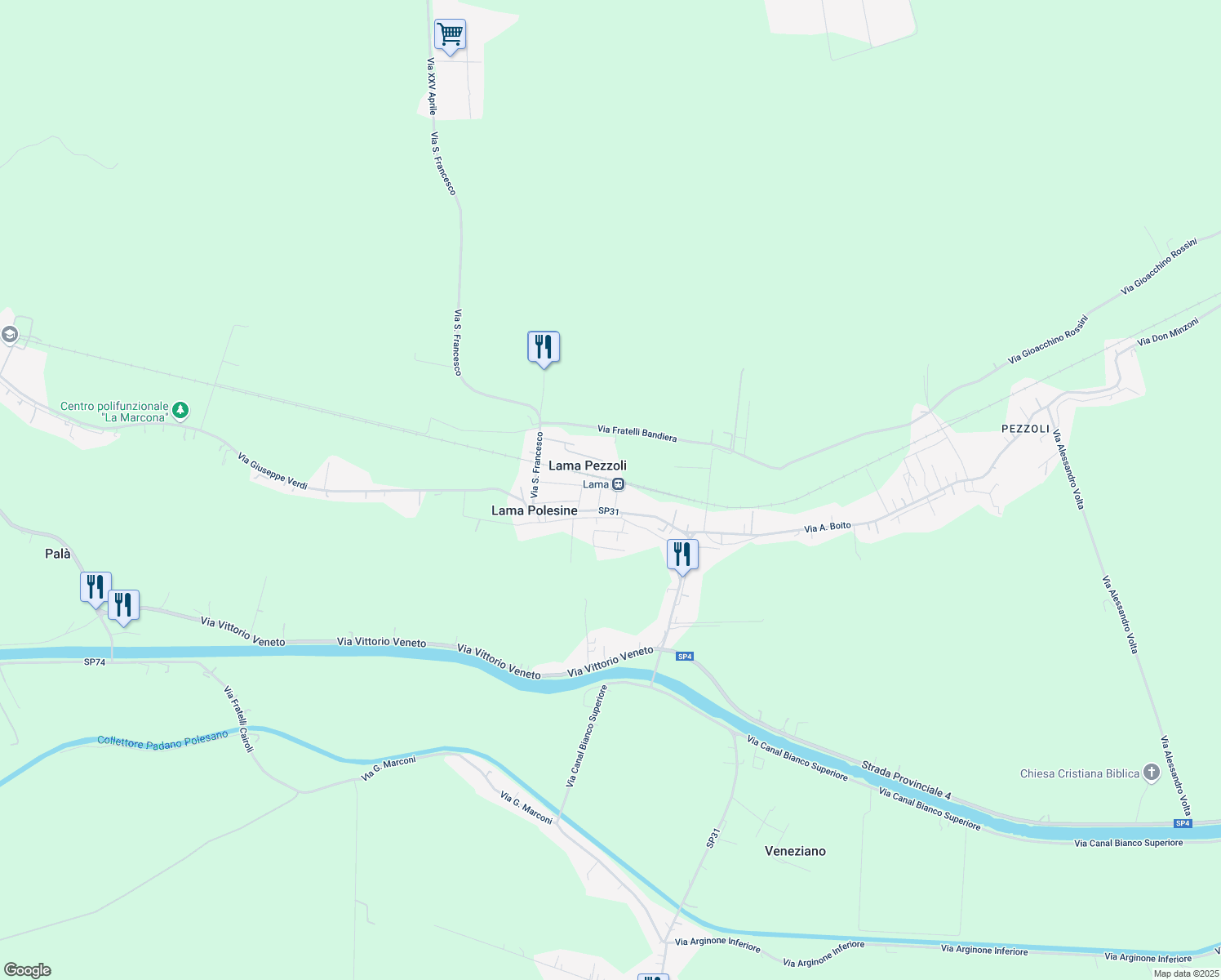 map of restaurants, bars, coffee shops, grocery stores, and more near 13 Viale Eridania in Lama Pezzoli