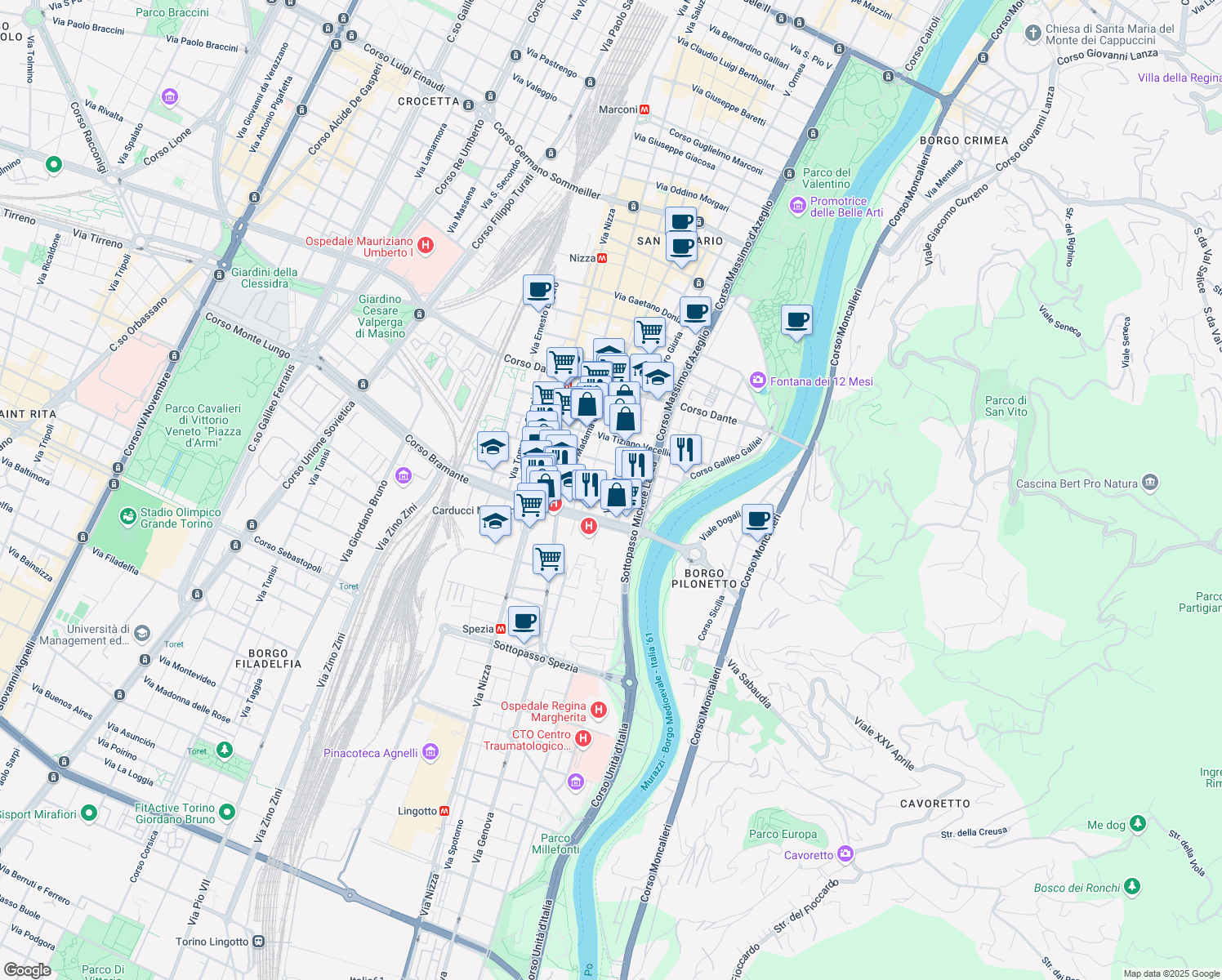 map of restaurants, bars, coffee shops, grocery stores, and more near 160A Via Ormea in Torino