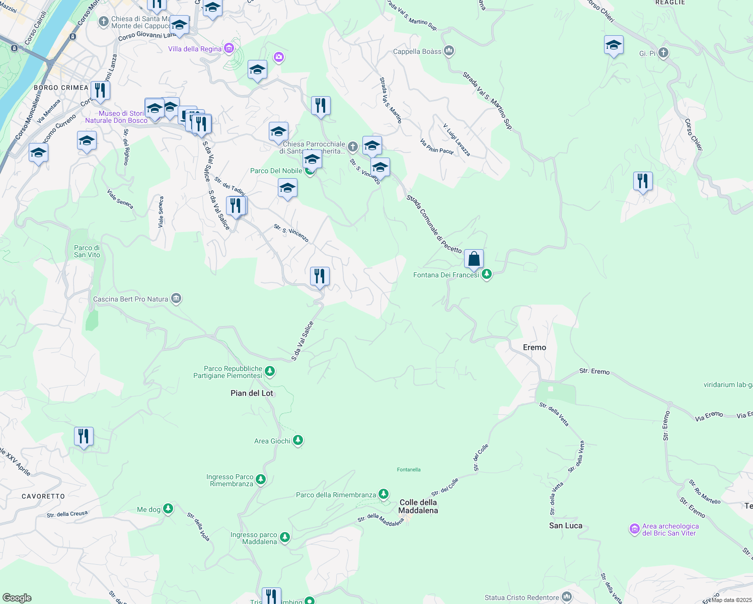 map of restaurants, bars, coffee shops, grocery stores, and more near 92 Strada del Mainero in Torino