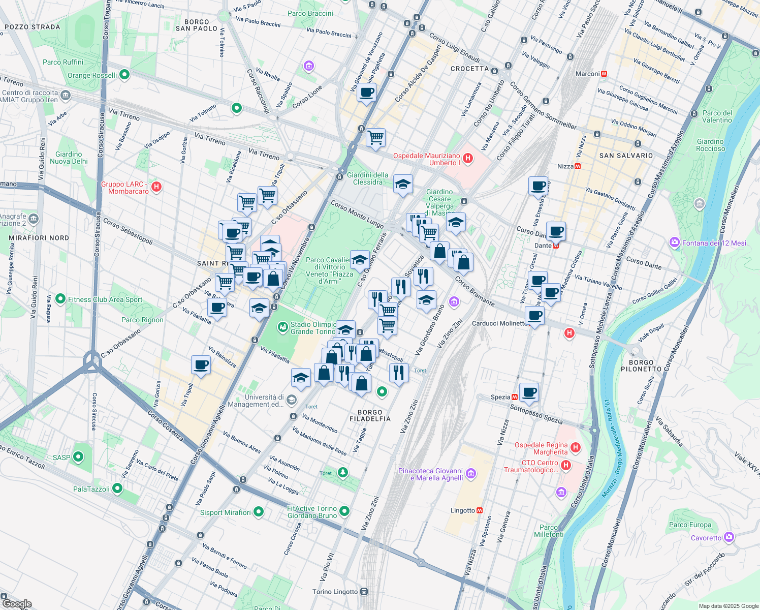 map of restaurants, bars, coffee shops, grocery stores, and more near 134 Corso Unione Sovietica in Torino
