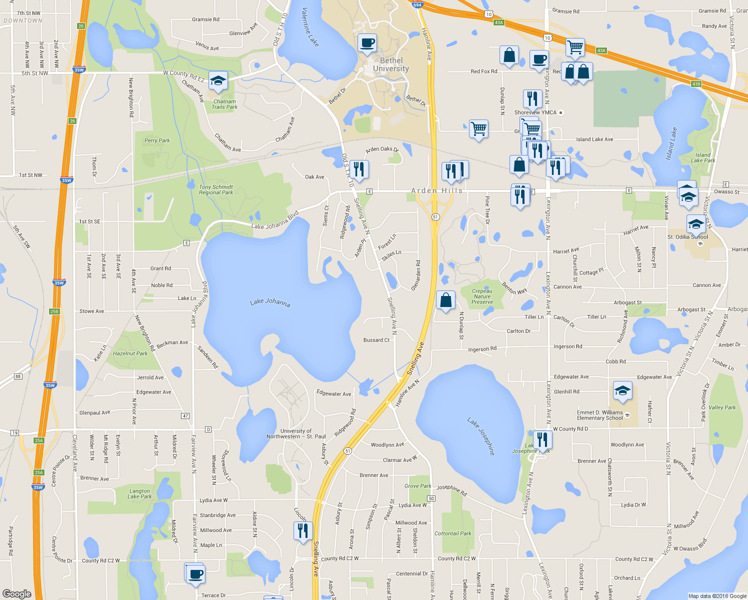 map of restaurants, bars, coffee shops, grocery stores, and more near 3377 Snelling Avenue North in Arden Hills