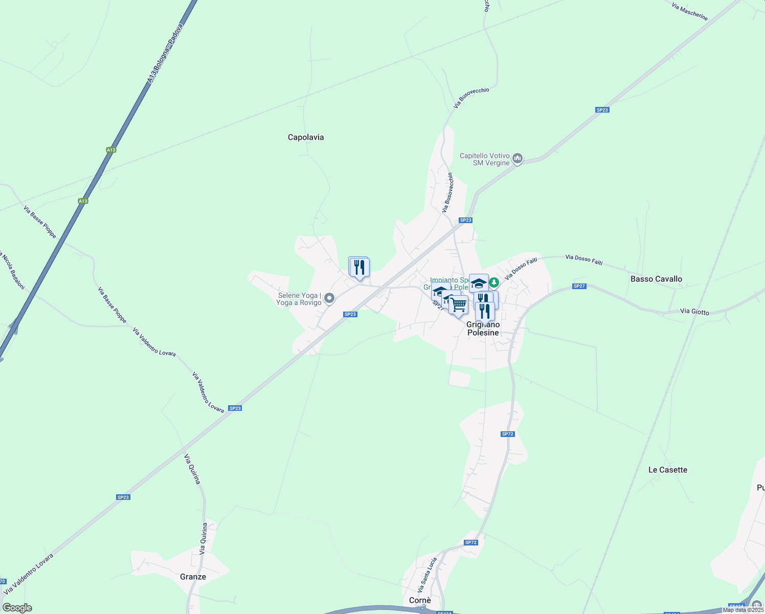 map of restaurants, bars, coffee shops, grocery stores, and more near 79 Via Ponte del Merlo in Grignano Polesine