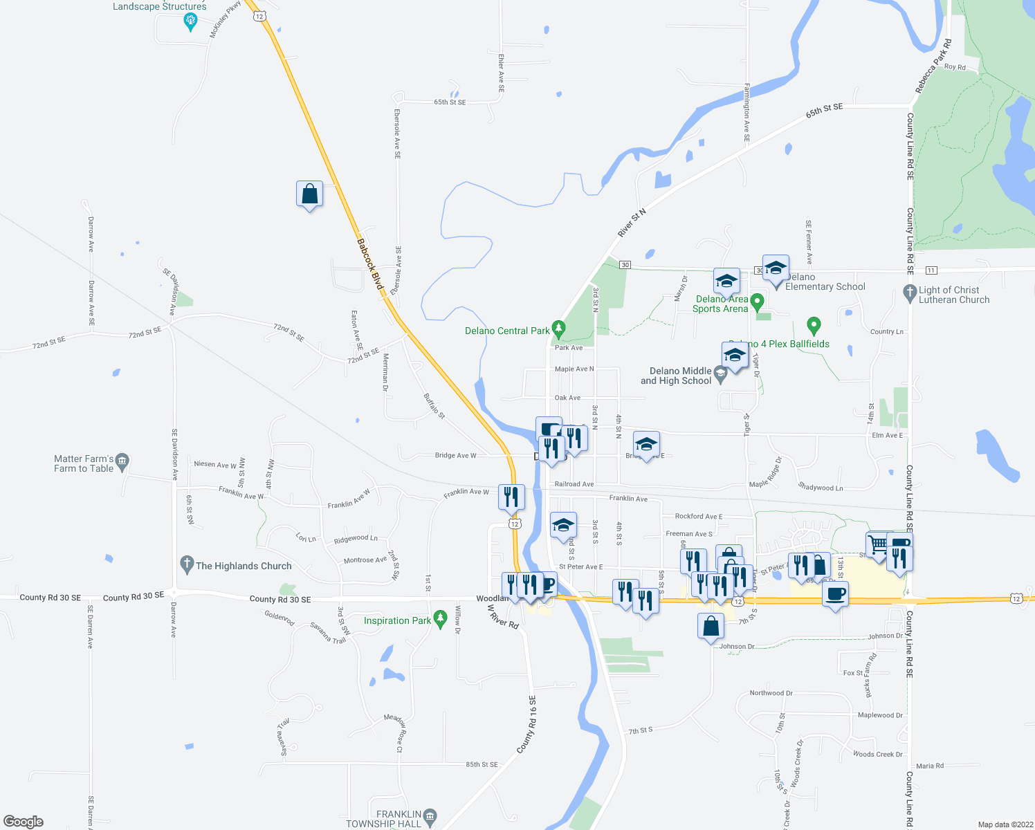 map of restaurants, bars, coffee shops, grocery stores, and more near 265 River Street North in Delano