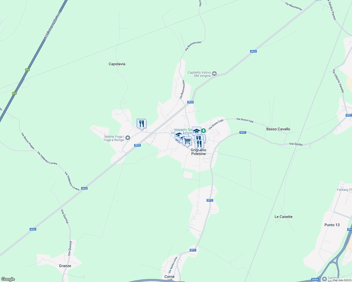 map of restaurants, bars, coffee shops, grocery stores, and more near 49 Via Ponte del Merlo in Grignano Polesine