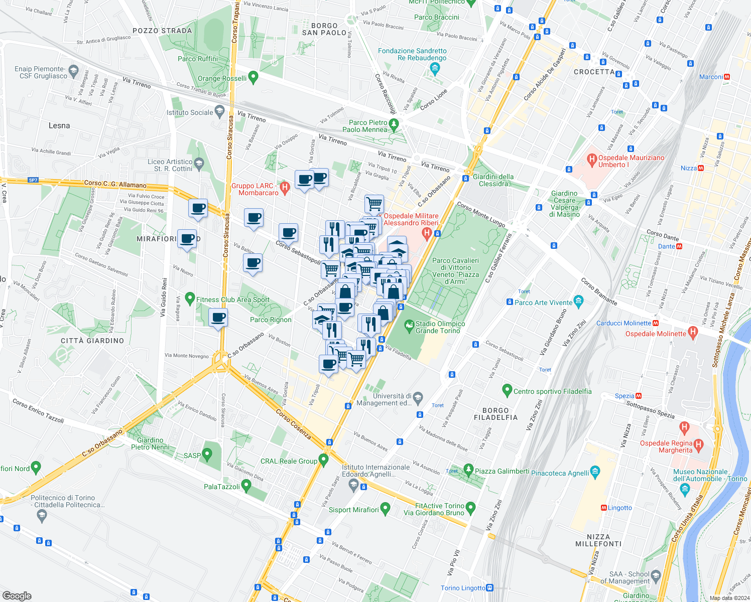 map of restaurants, bars, coffee shops, grocery stores, and more near in Turin