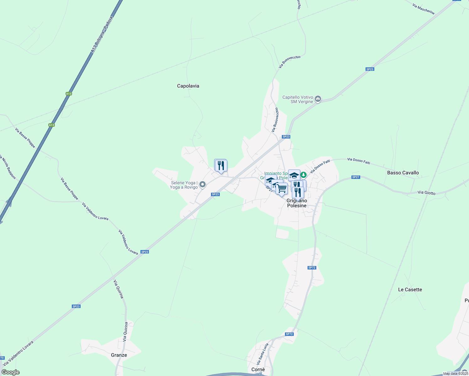 map of restaurants, bars, coffee shops, grocery stores, and more near 79 Via Ponte del Merlo in Grignano Polesine