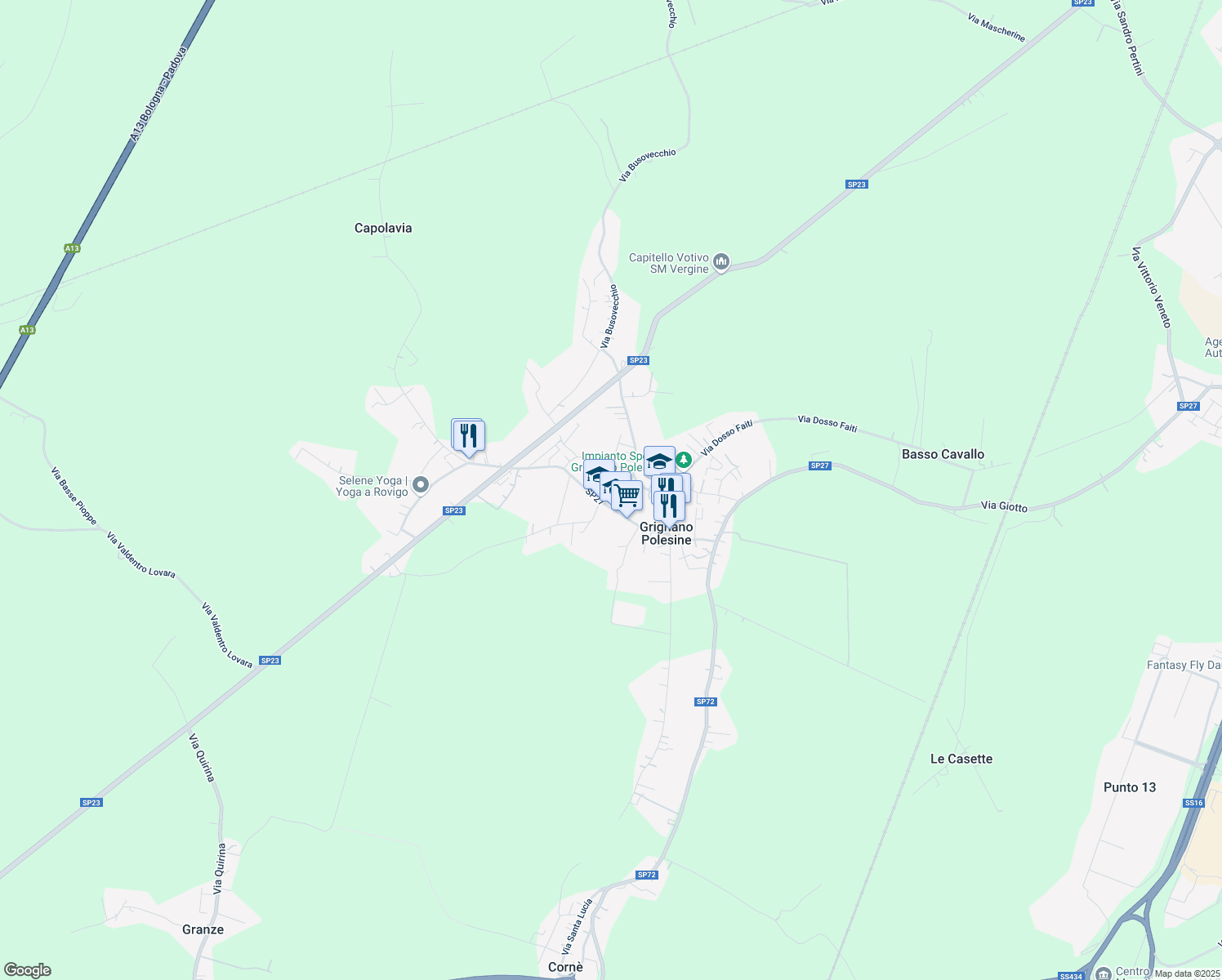map of restaurants, bars, coffee shops, grocery stores, and more near 49 Via Ponte del Merlo in Grignano Polesine