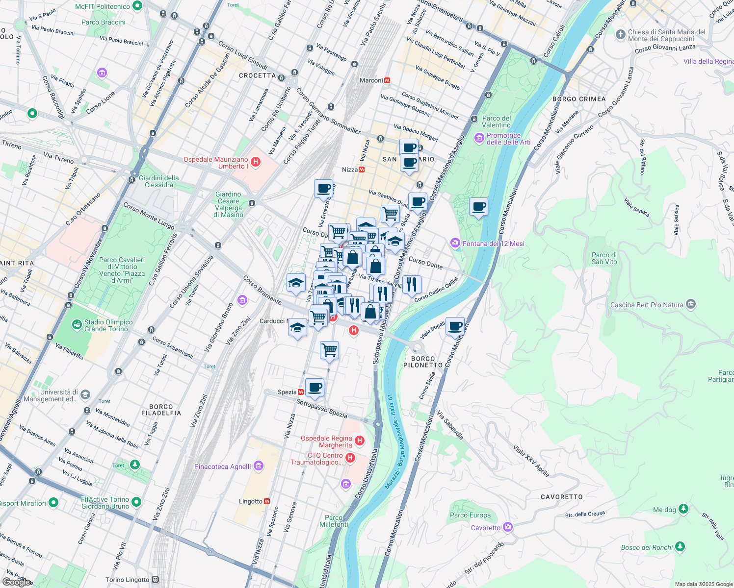 map of restaurants, bars, coffee shops, grocery stores, and more near 160A Via Ormea in Torino