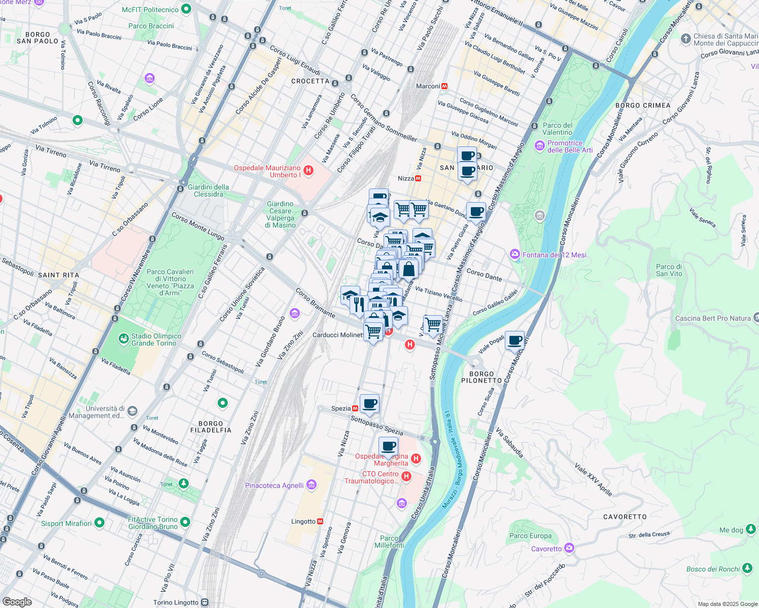 map of restaurants, bars, coffee shops, grocery stores, and more near 9 Via Antonio Canova in Torino