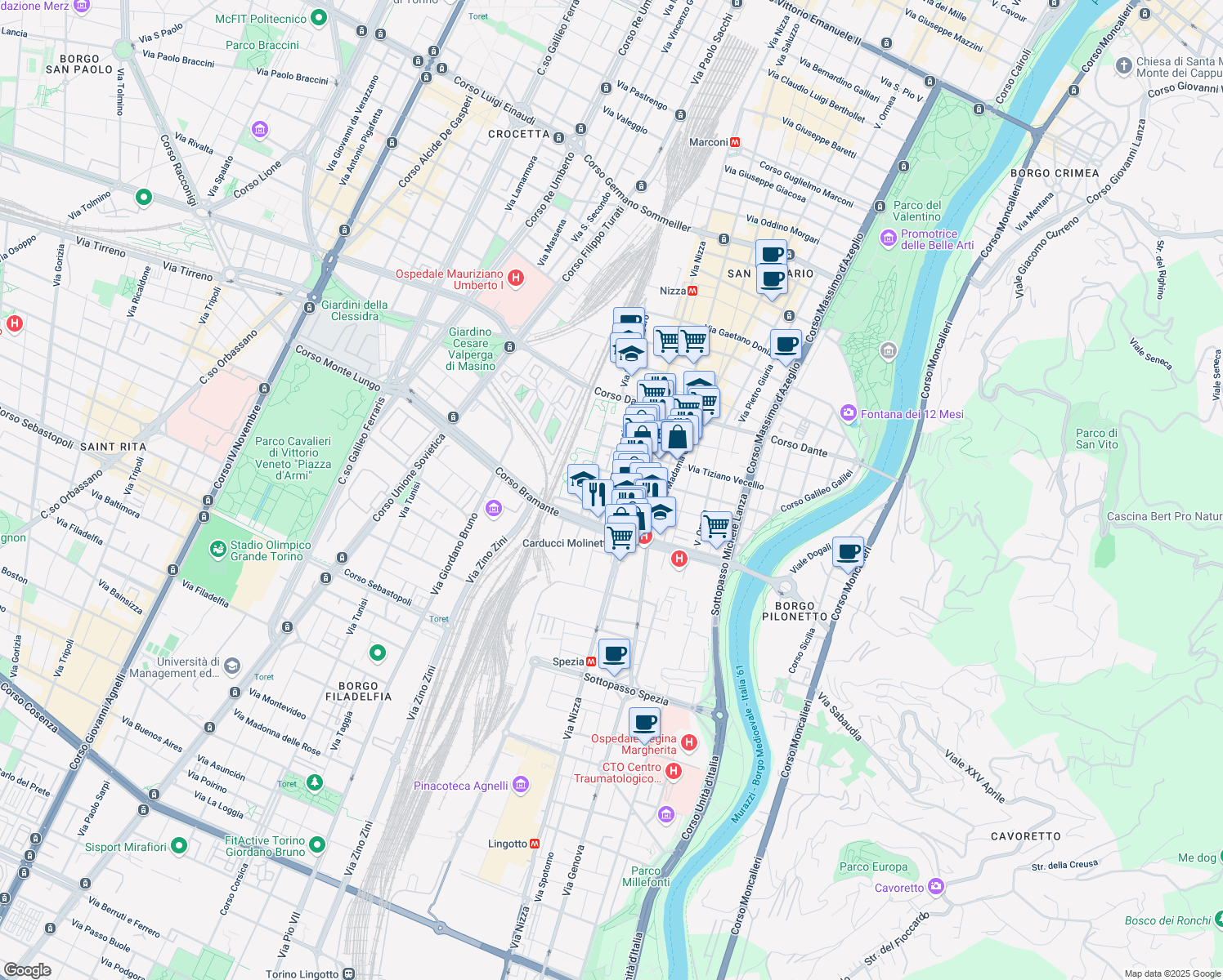 map of restaurants, bars, coffee shops, grocery stores, and more near 9 Via Antonio Canova in Turin