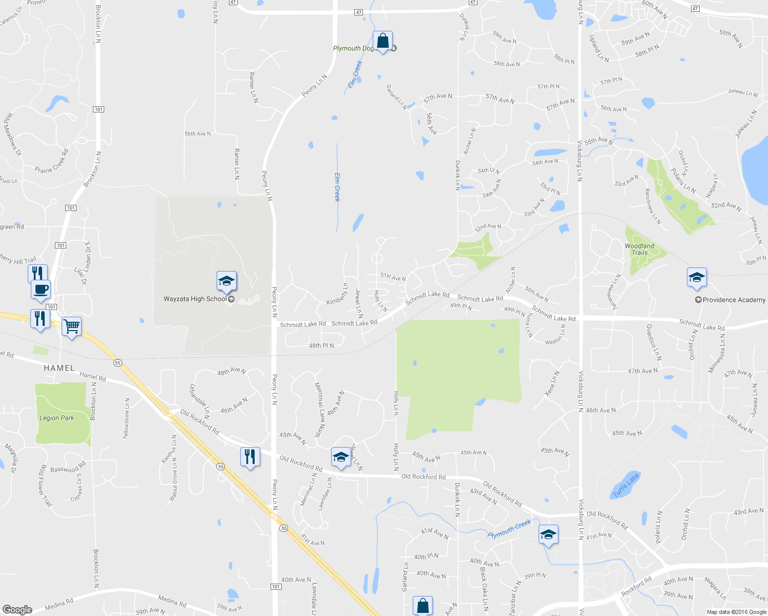 map of restaurants, bars, coffee shops, grocery stores, and more near 5020 Holly Lane North in Plymouth