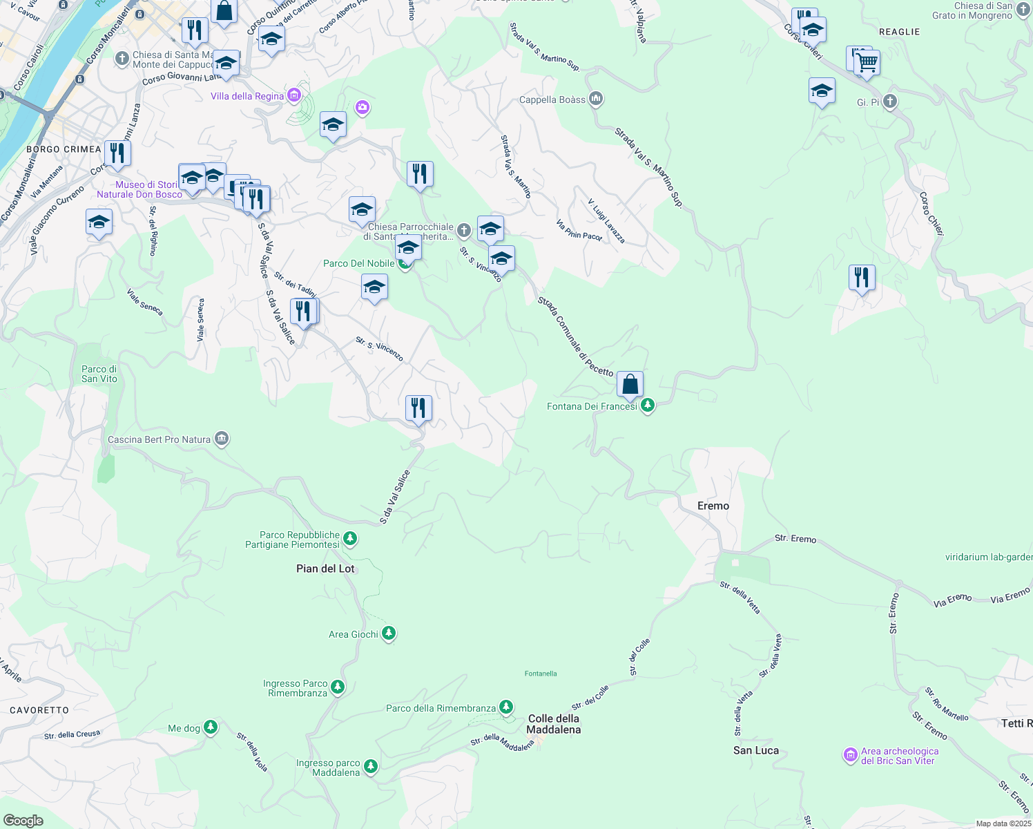 map of restaurants, bars, coffee shops, grocery stores, and more near 64-92 Strada del Mainero in Turin