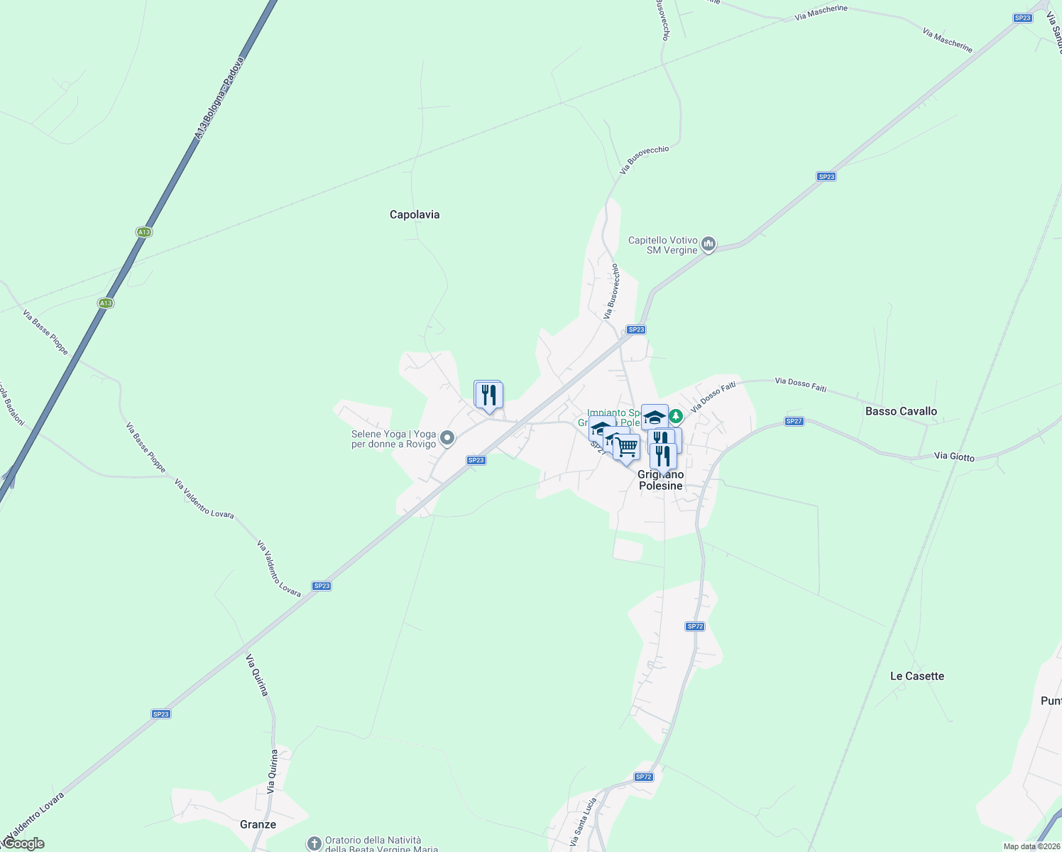 map of restaurants, bars, coffee shops, grocery stores, and more near 2 Via Rodolfo Rossi in Grignano Polesine