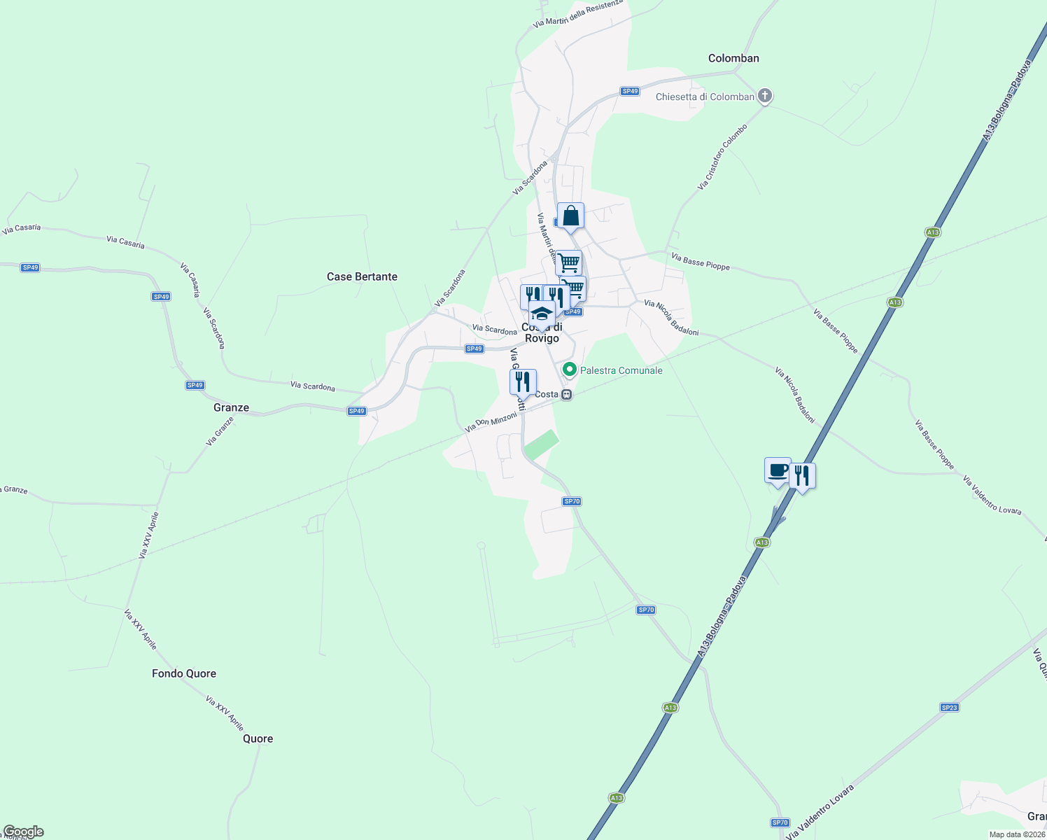 map of restaurants, bars, coffee shops, grocery stores, and more near 323 Via G. Matteotti in Provincia di Rovigo