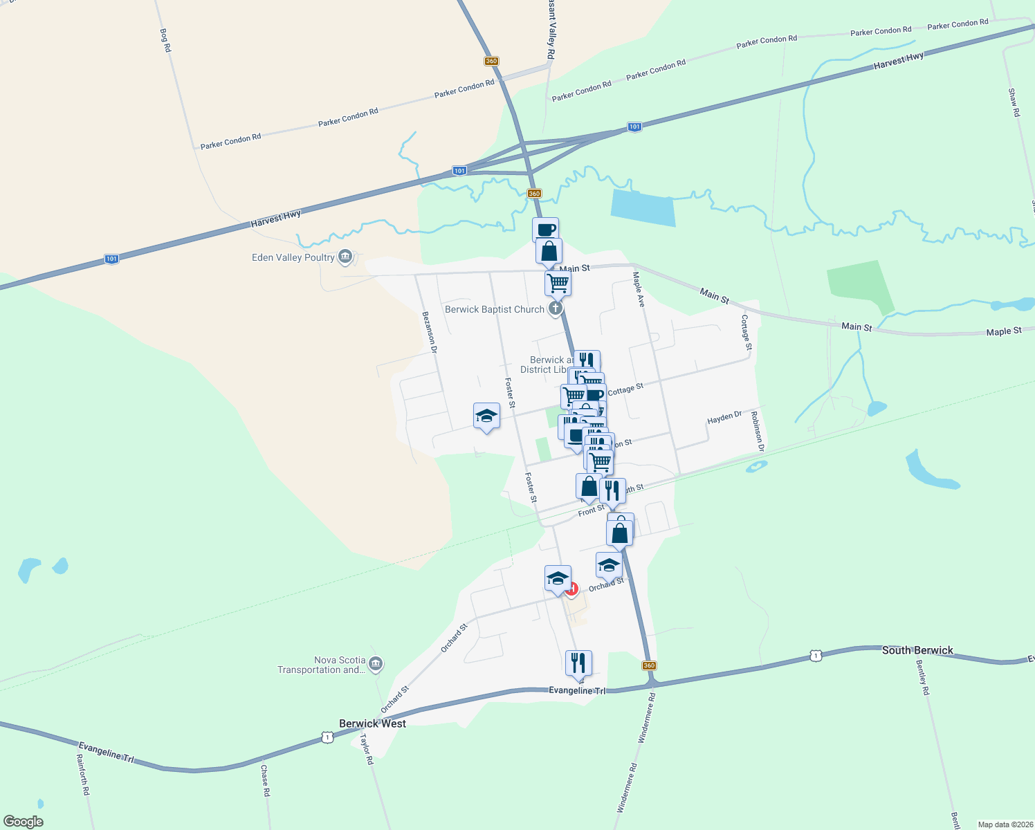 map of restaurants, bars, coffee shops, grocery stores, and more near 216 Cottage Street in Berwick