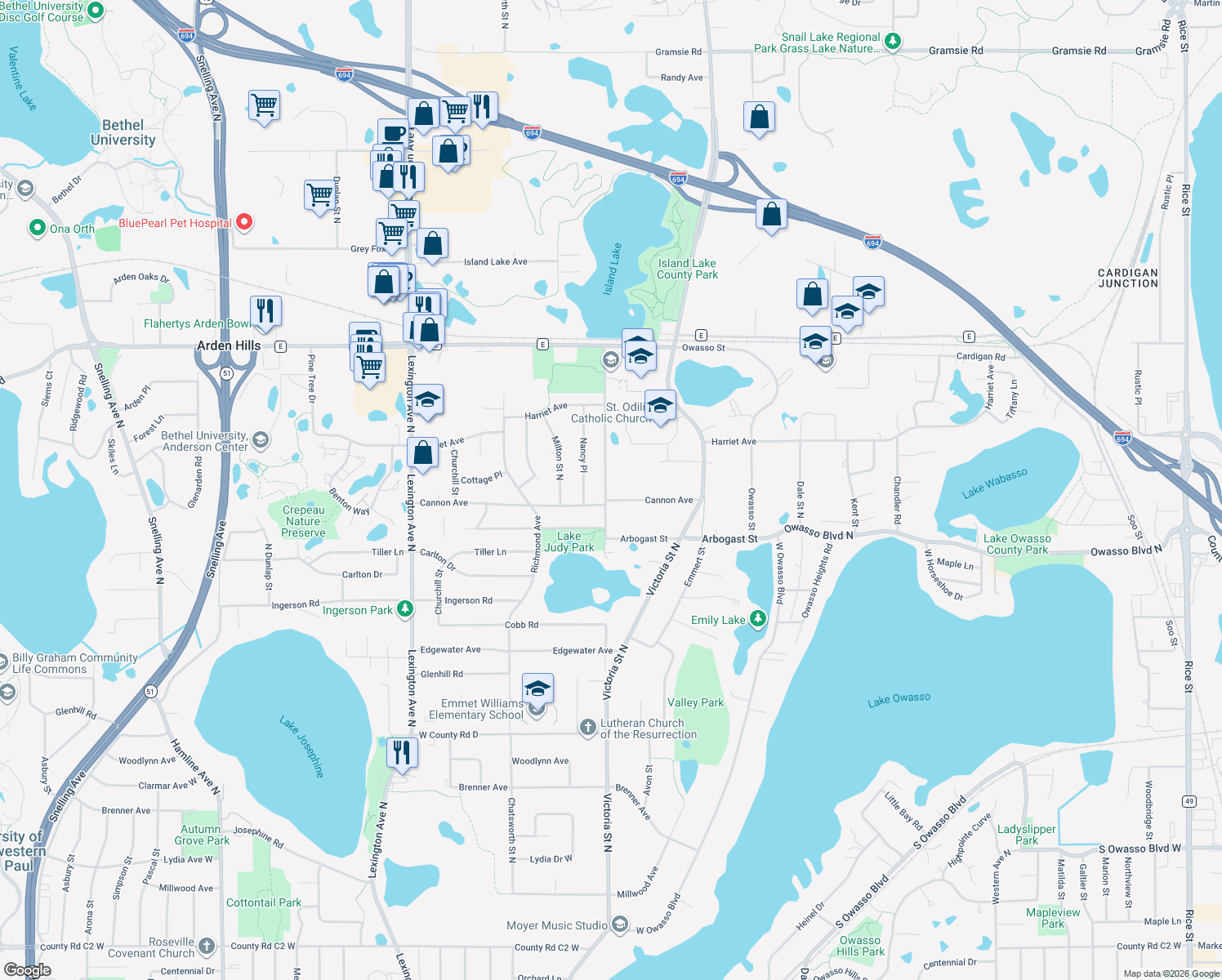 map of restaurants, bars, coffee shops, grocery stores, and more near 855 Cannon Avenue in Shoreview
