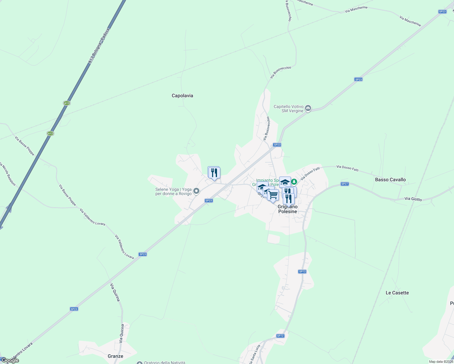 map of restaurants, bars, coffee shops, grocery stores, and more near 2 Via Rodolfo Rossi in Grignano Polesine