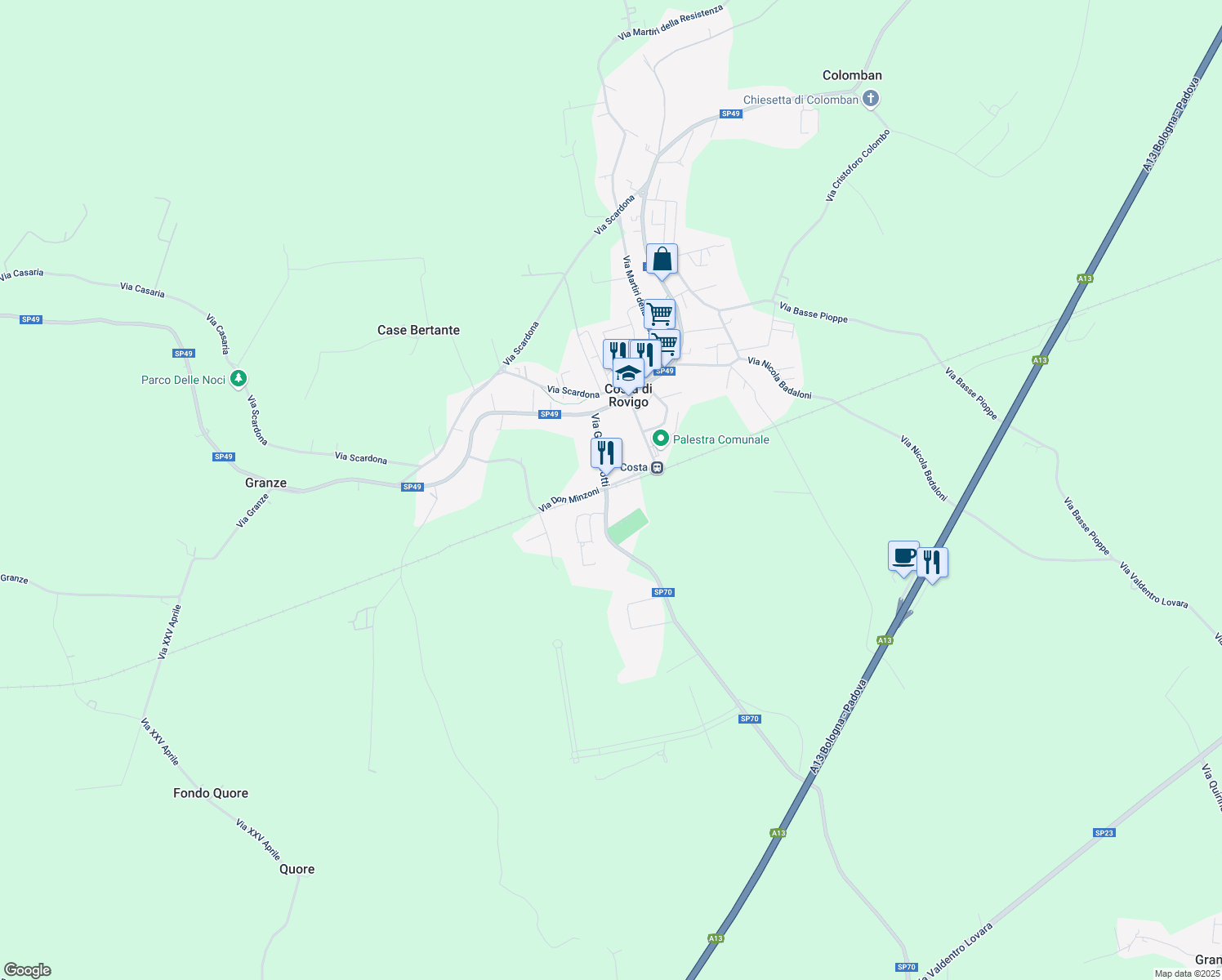 map of restaurants, bars, coffee shops, grocery stores, and more near 323 Via G. Matteotti in Provincia di Rovigo