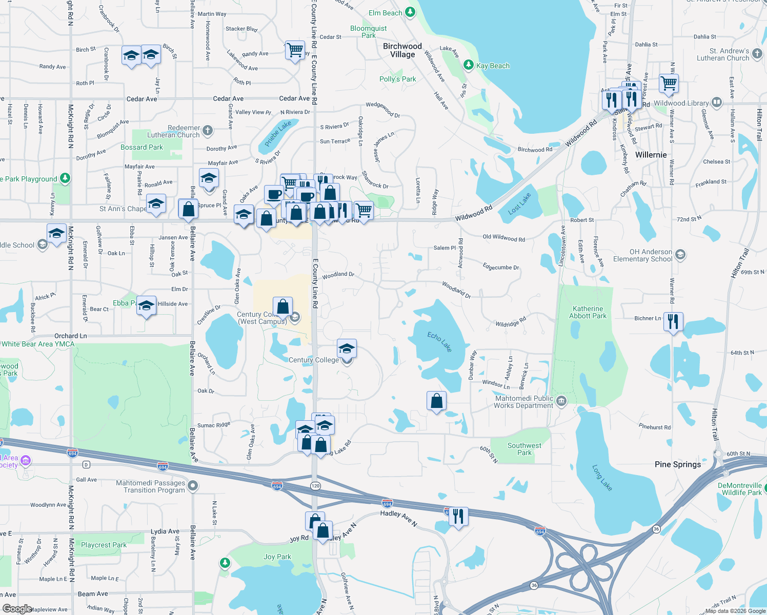 map of restaurants, bars, coffee shops, grocery stores, and more near 116 Wedgewood Drive in Saint Paul