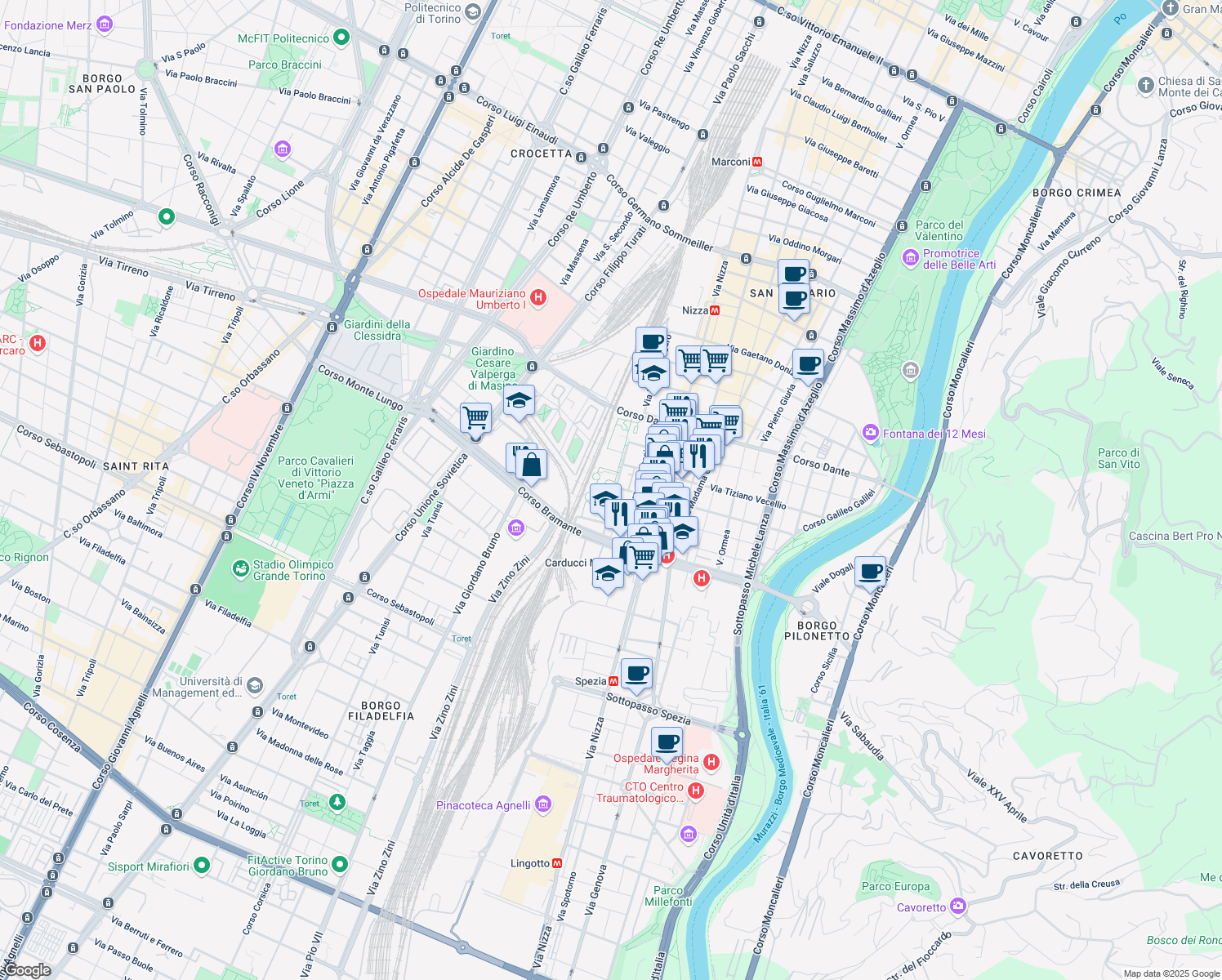 map of restaurants, bars, coffee shops, grocery stores, and more near 20-22 Via Lodovico Antonio Muratori in Torino