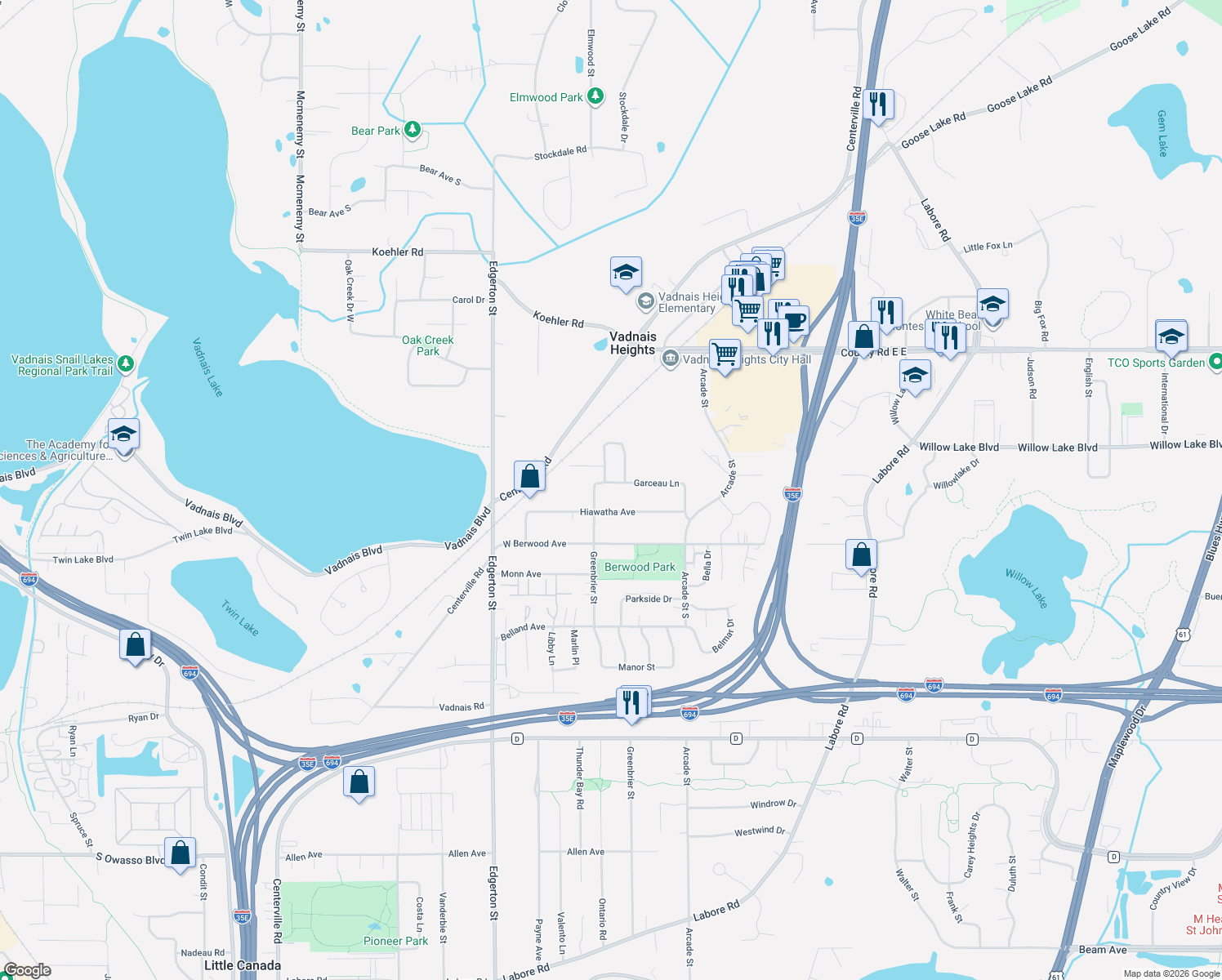 map of restaurants, bars, coffee shops, grocery stores, and more near 726 Garceau Lane in Vadnais Heights
