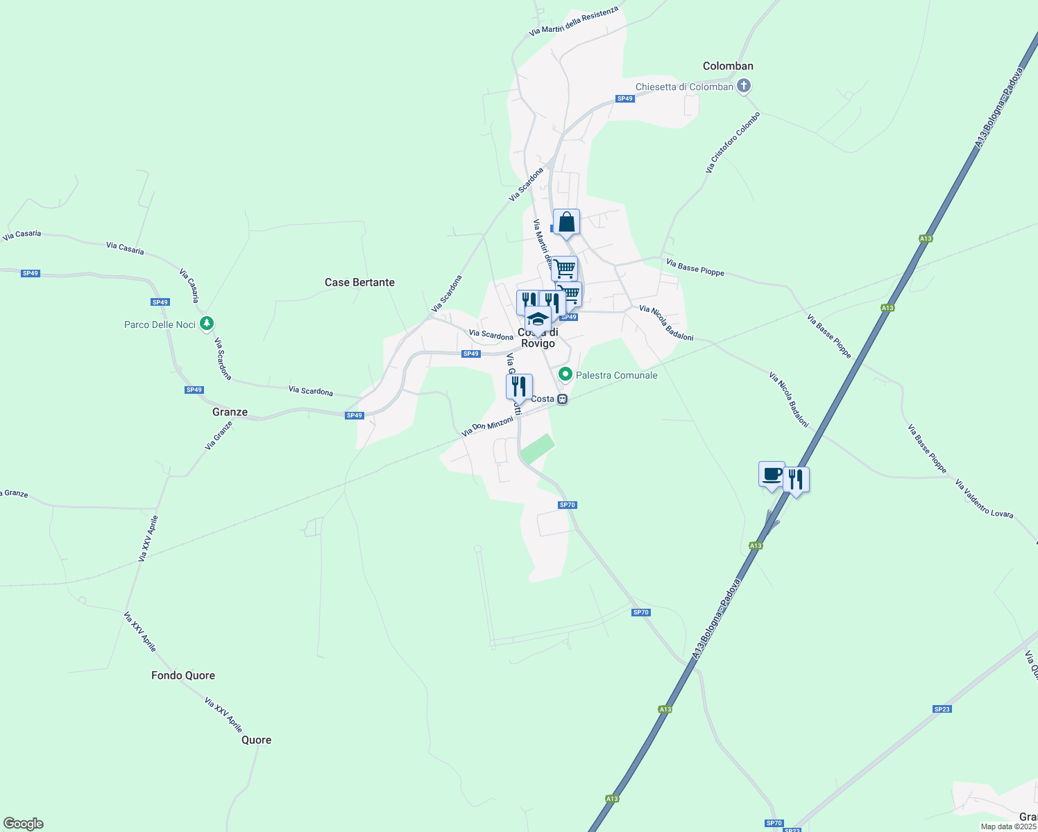 map of restaurants, bars, coffee shops, grocery stores, and more near 323 Via G. Matteotti in Provincia di Rovigo