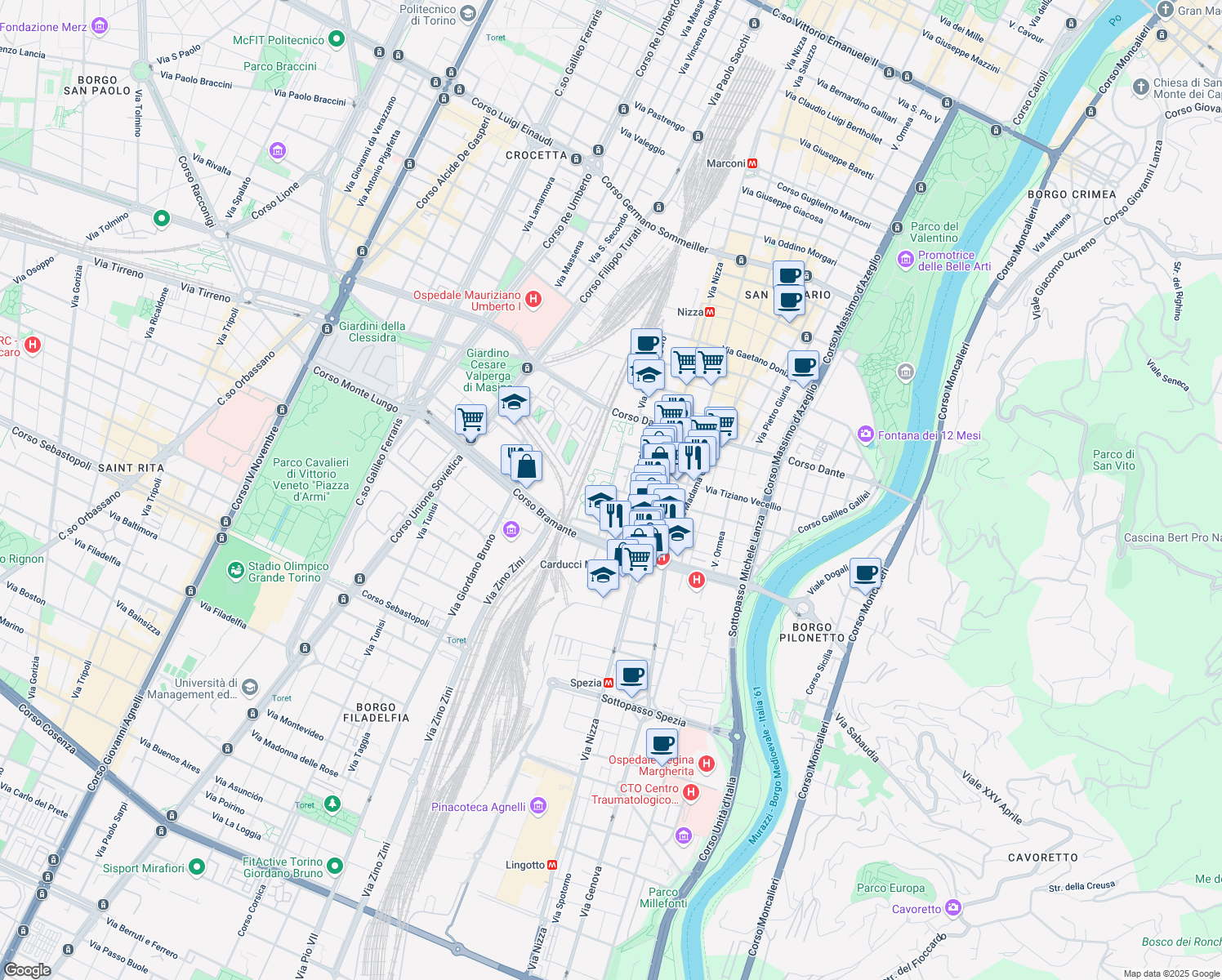 map of restaurants, bars, coffee shops, grocery stores, and more near 22 Via Ludovico Antonio Muratori in Torino