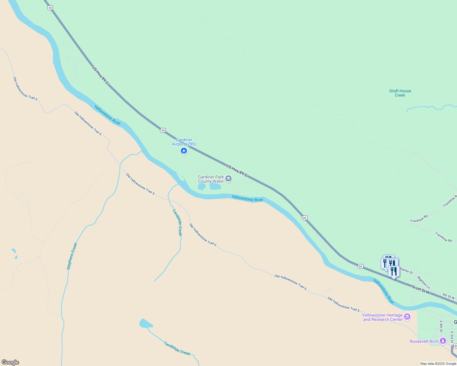 map of restaurants, bars, coffee shops, grocery stores, and more near 1 Airport Road in Gardiner