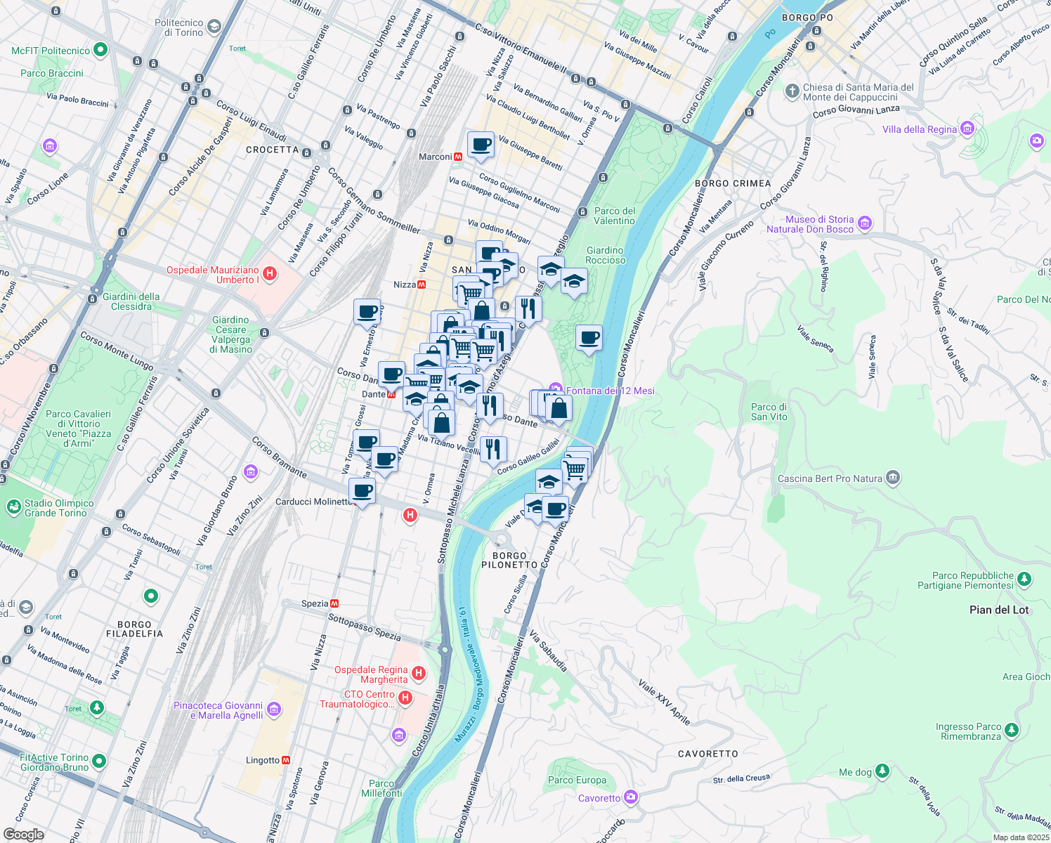 map of restaurants, bars, coffee shops, grocery stores, and more near 117 Corso Dante in Torino