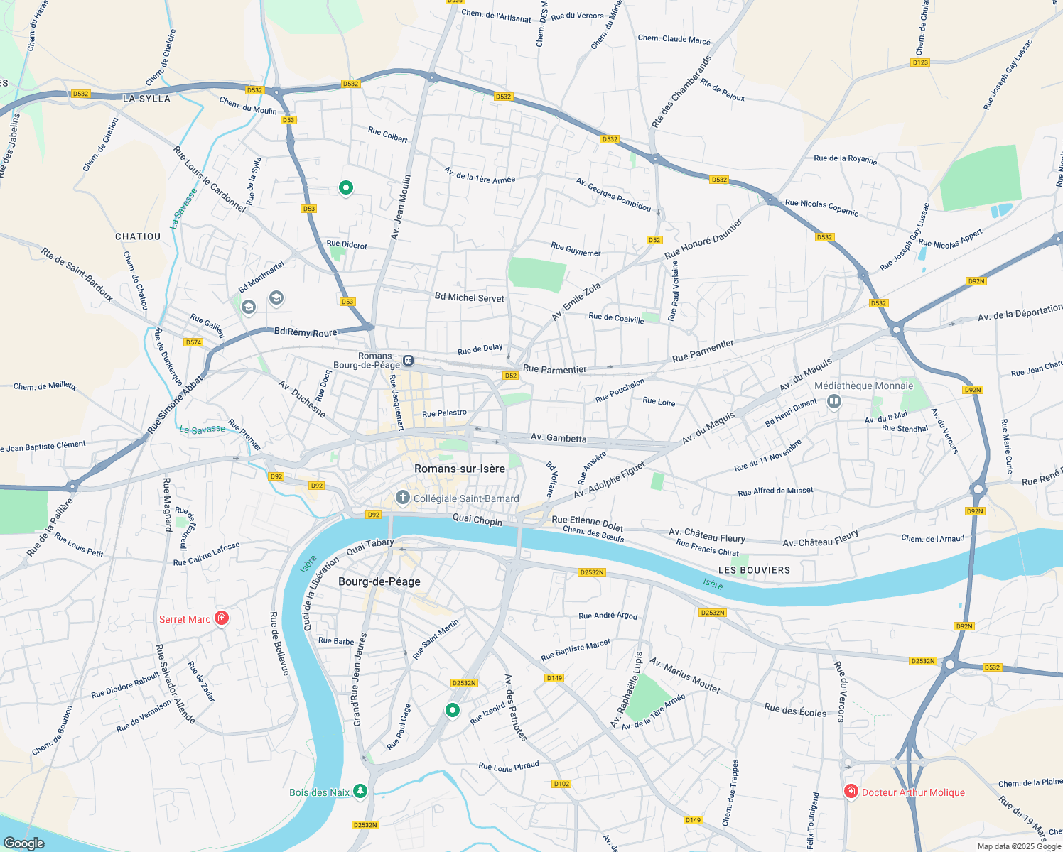 map of restaurants, bars, coffee shops, grocery stores, and more near 60 Avenue Gambetta in Romans-sur-Isère