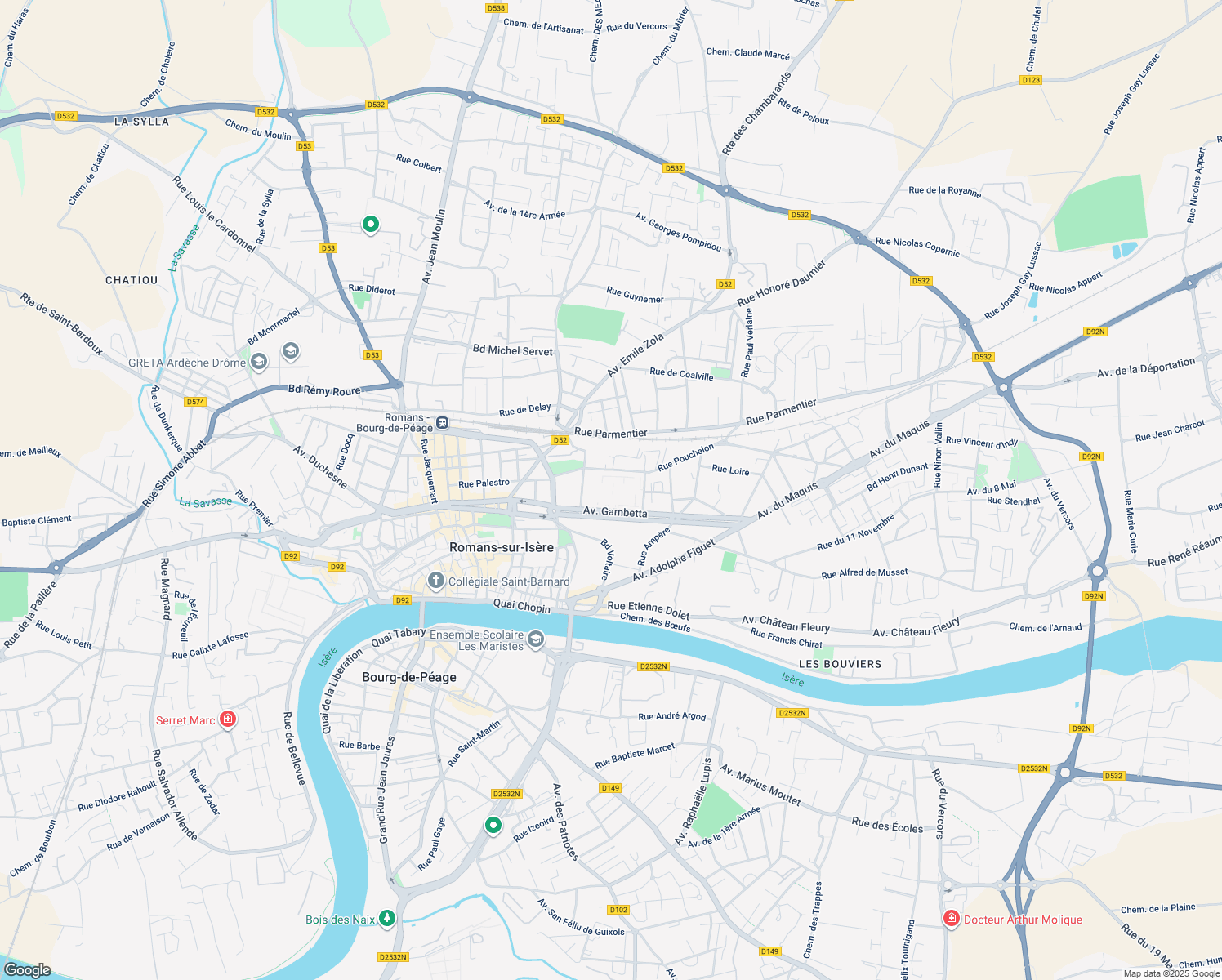 map of restaurants, bars, coffee shops, grocery stores, and more near 60 Avenue Gambetta in Romans-sur-Isère