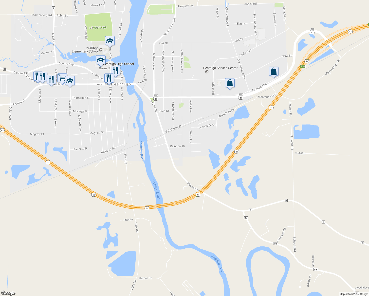 map of restaurants, bars, coffee shops, grocery stores, and more near 501 Rainbow Drive in Peshtigo