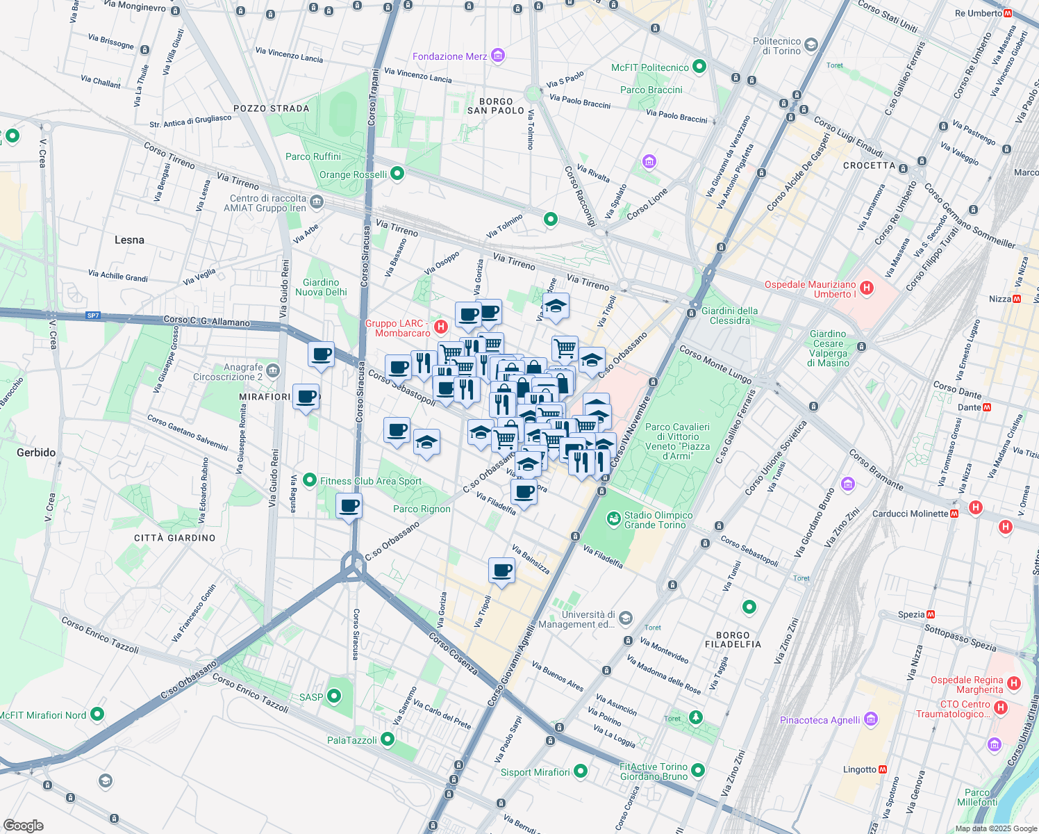 map of restaurants, bars, coffee shops, grocery stores, and more near 24/B Via Giovanni Emanuel in Torino