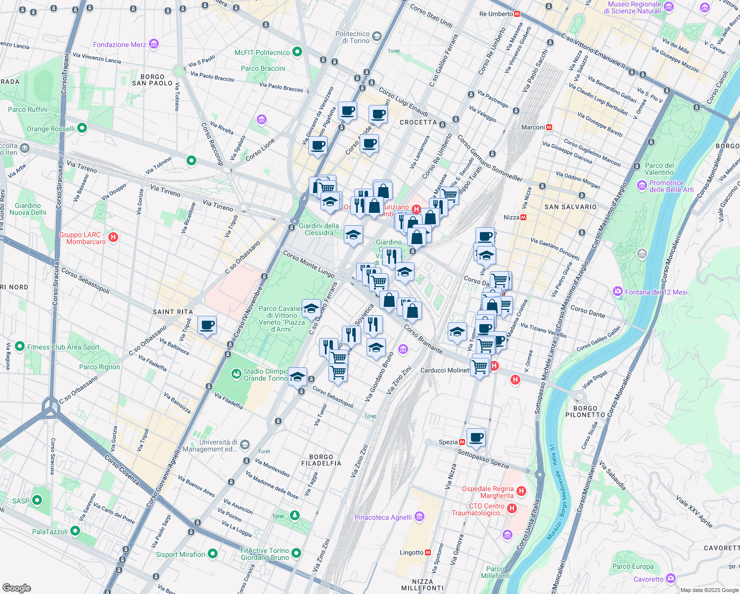 map of restaurants, bars, coffee shops, grocery stores, and more near 4 Corso Bramante in Torino