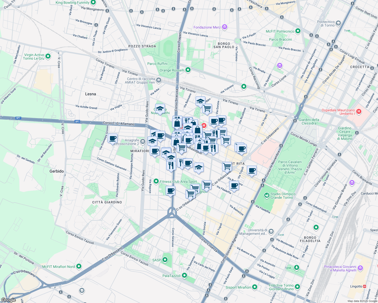 map of restaurants, bars, coffee shops, grocery stores, and more near 241 Corso Sebastopoli in Turin