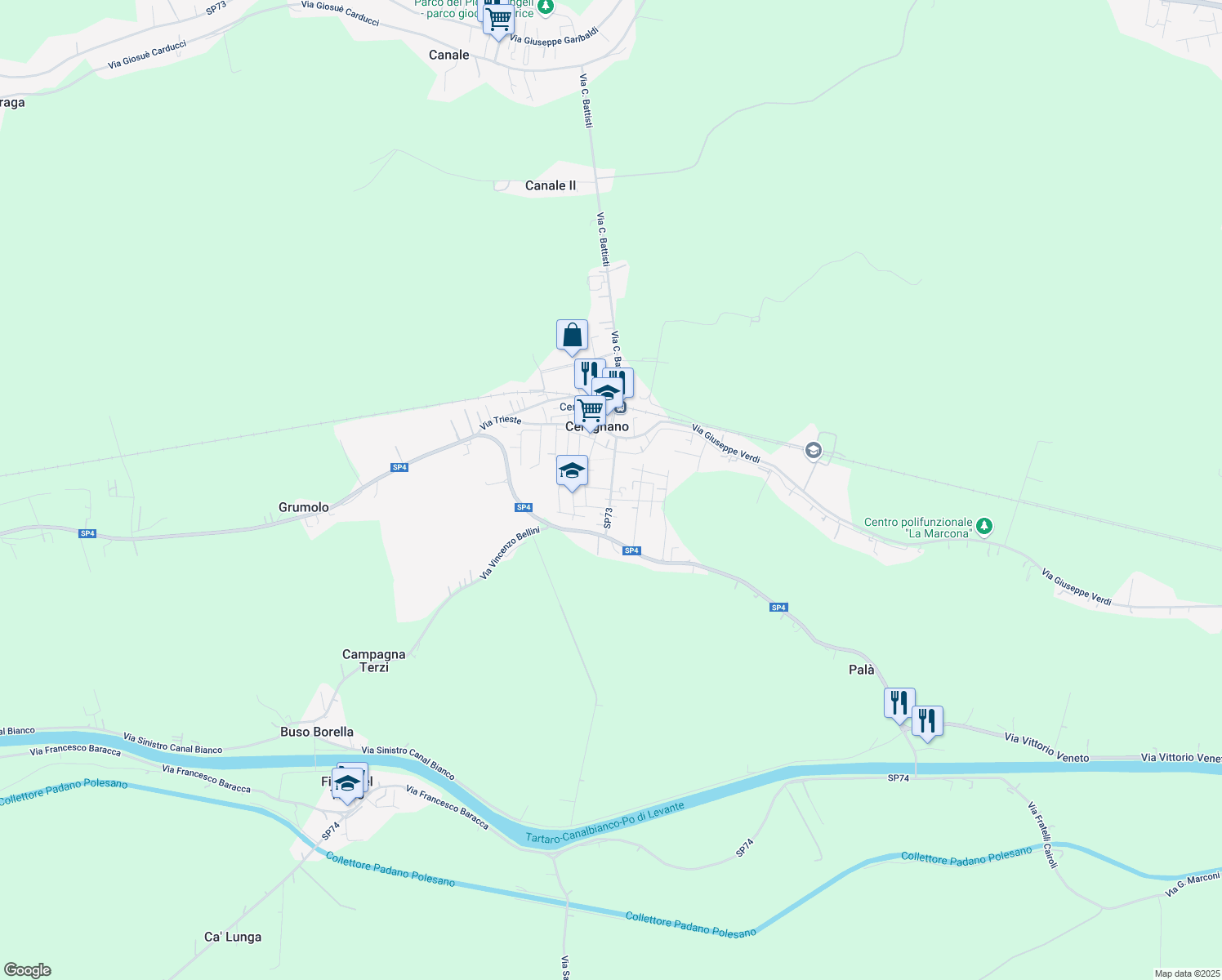 map of restaurants, bars, coffee shops, grocery stores, and more near 136 Via Roma in Ceregnano