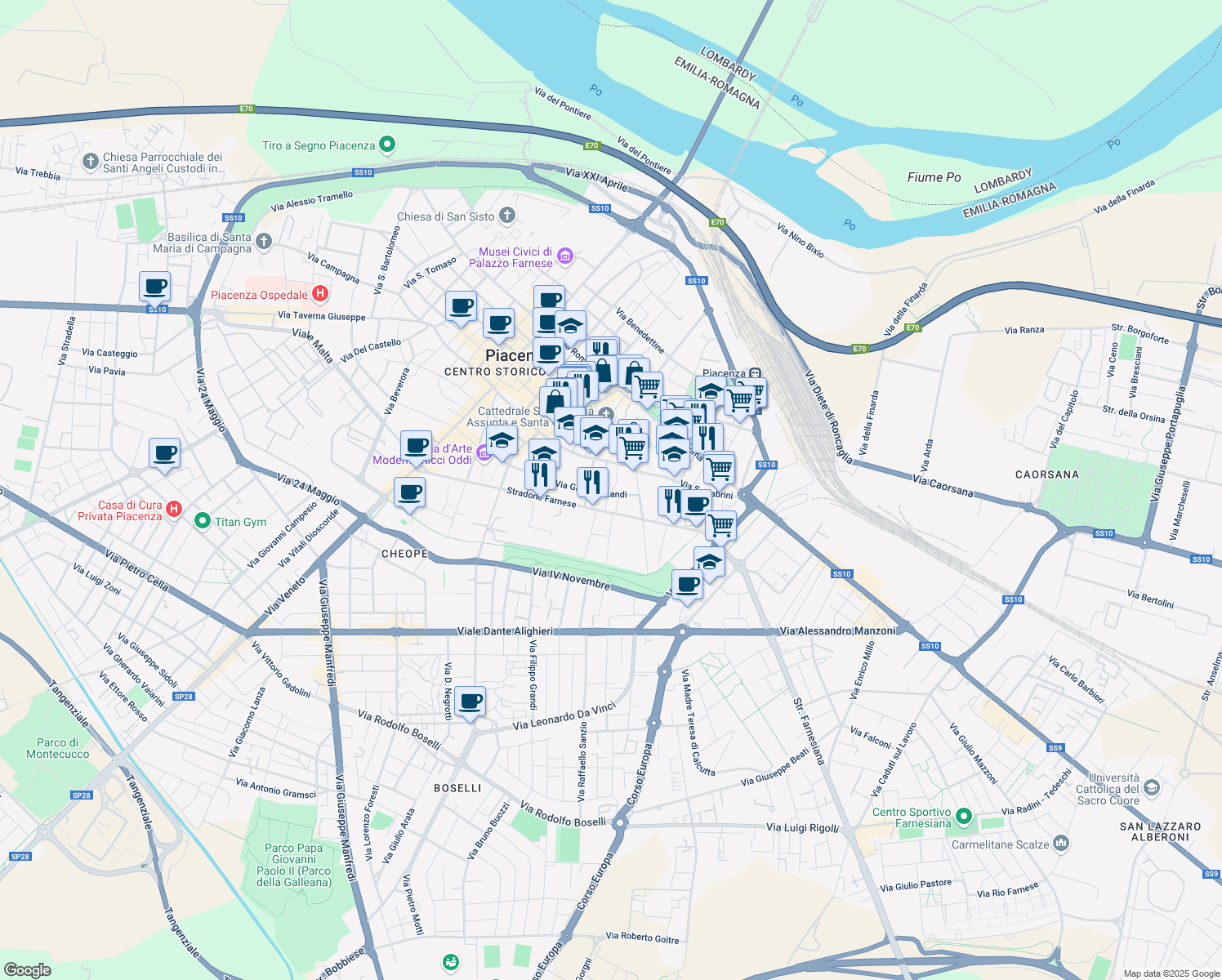 map of restaurants, bars, coffee shops, grocery stores, and more near 21 Vicolo Gandine in Piacenza