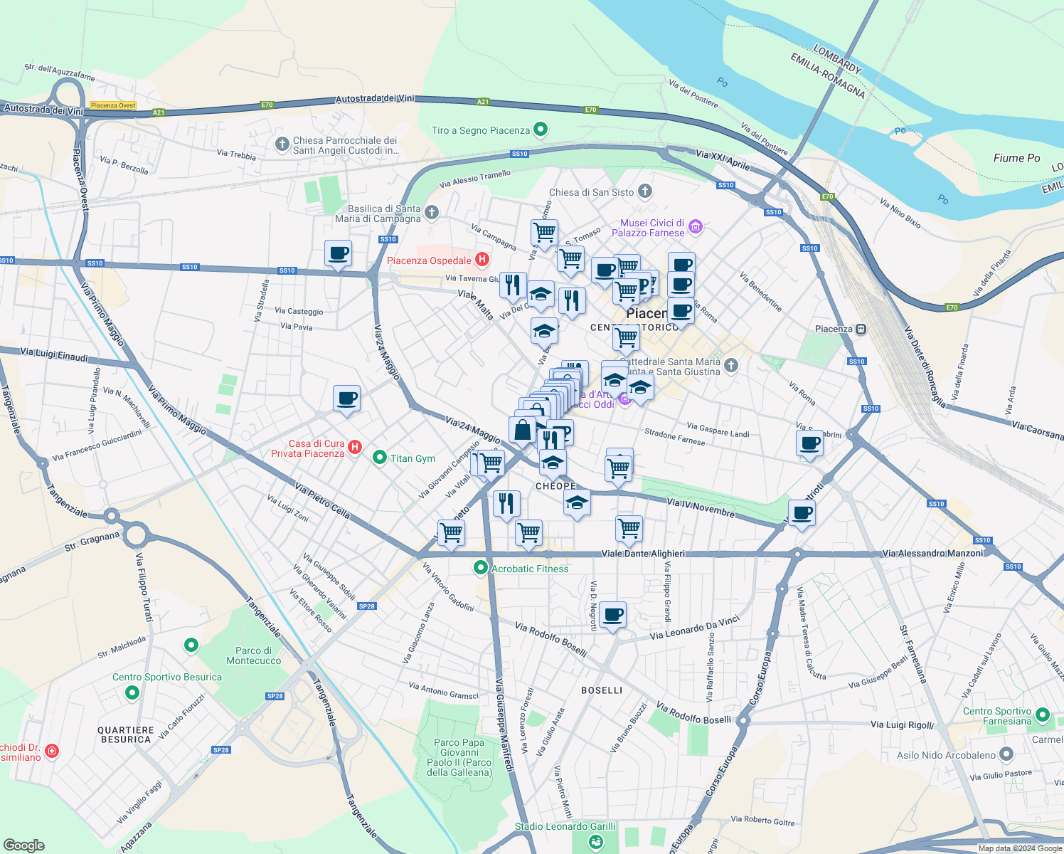 map of restaurants, bars, coffee shops, grocery stores, and more near 9 Viale Palmerio Raimondo in Piacenza