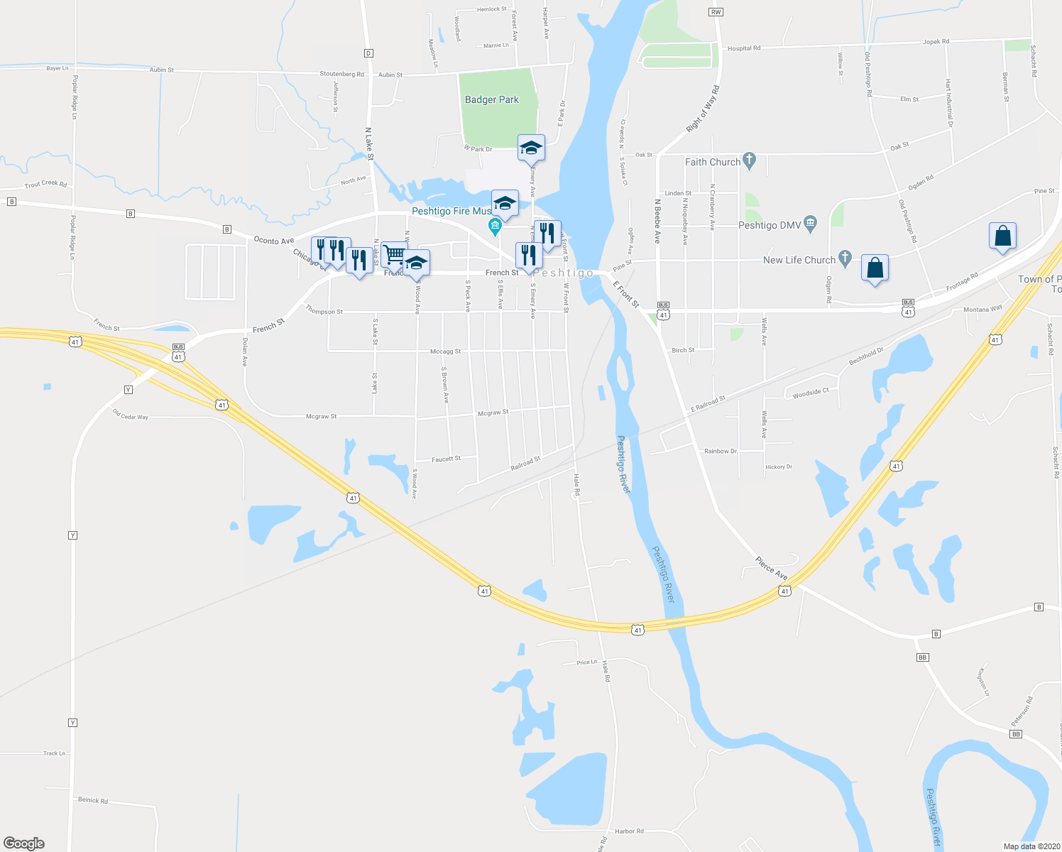 map of restaurants, bars, coffee shops, grocery stores, and more near 427 South Emery Avenue in Peshtigo