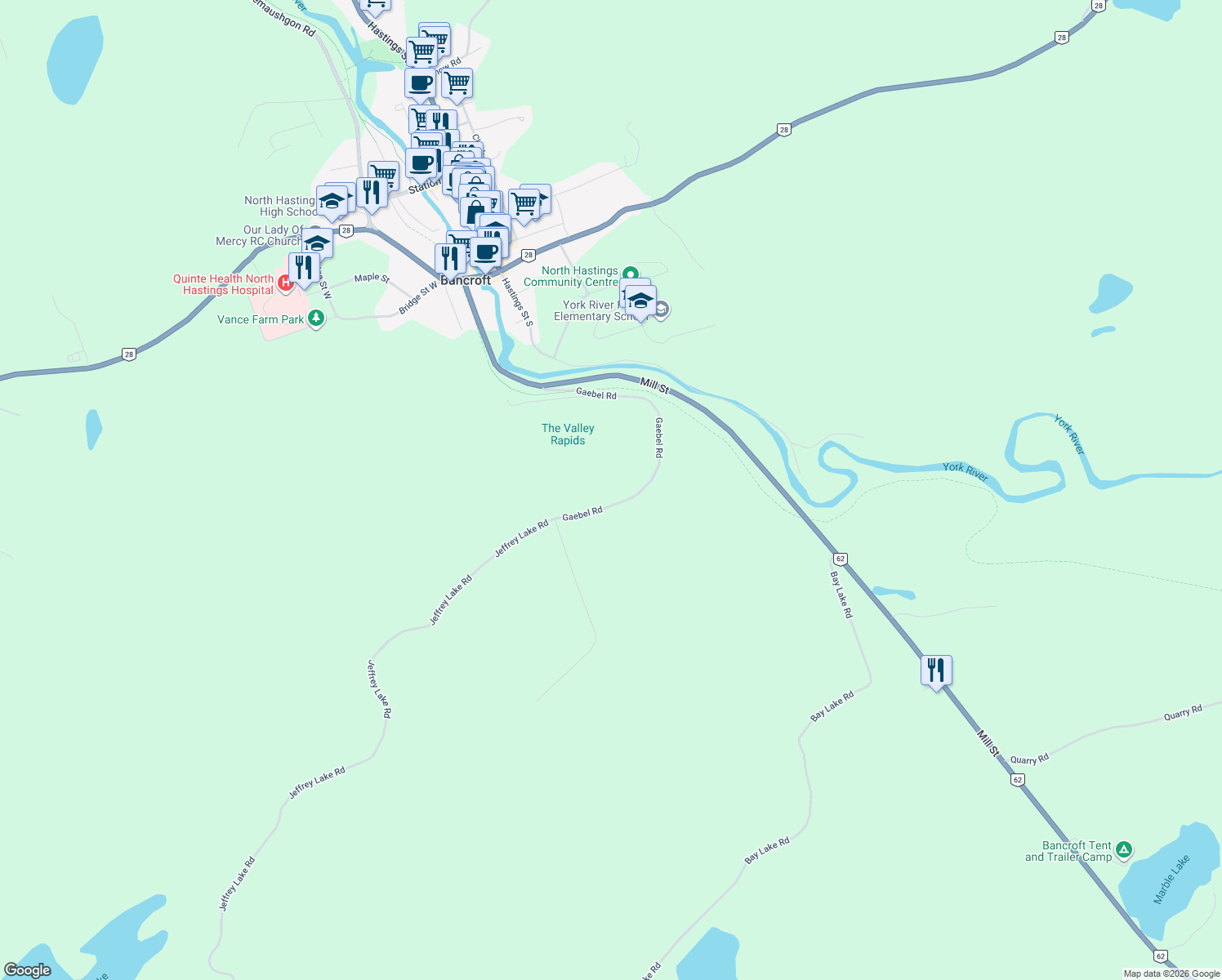 map of restaurants, bars, coffee shops, grocery stores, and more near 198 Gaebel Road in Bancroft