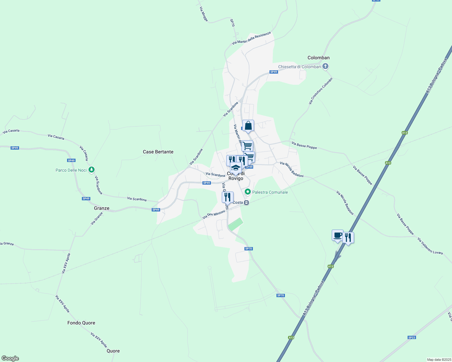 map of restaurants, bars, coffee shops, grocery stores, and more near 75 Via Umberto I in Costa di Rovigo