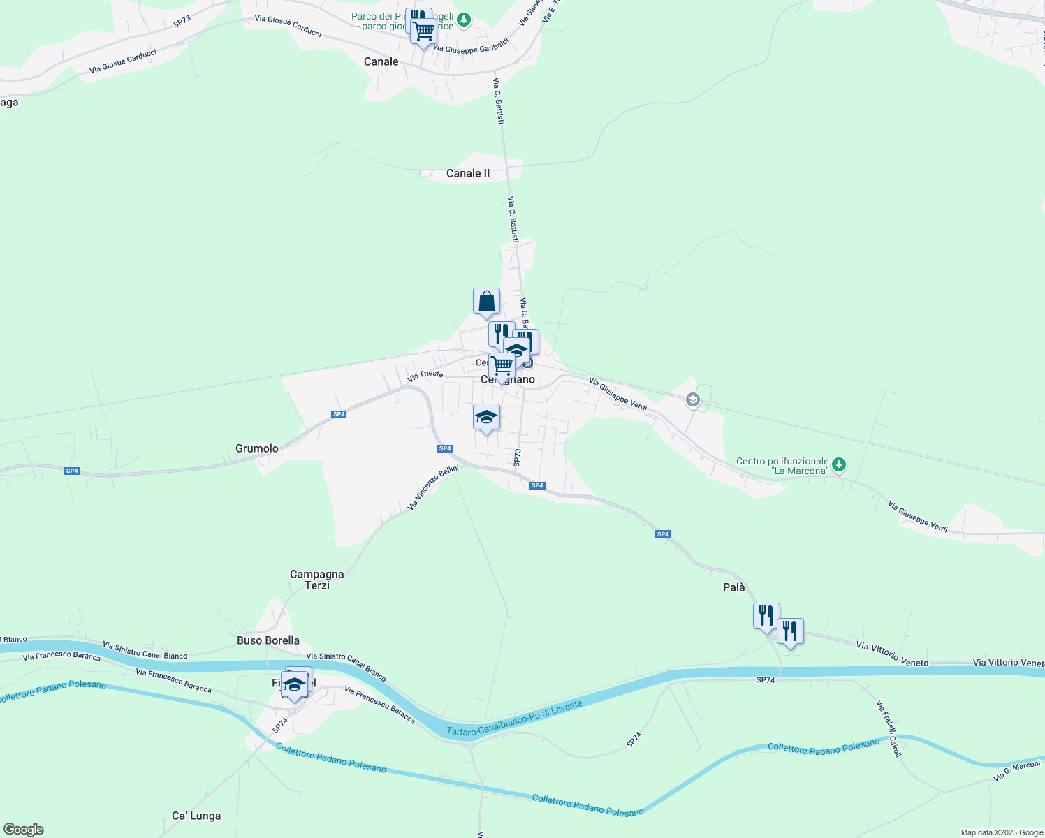 map of restaurants, bars, coffee shops, grocery stores, and more near 136 Via Roma in Ceregnano