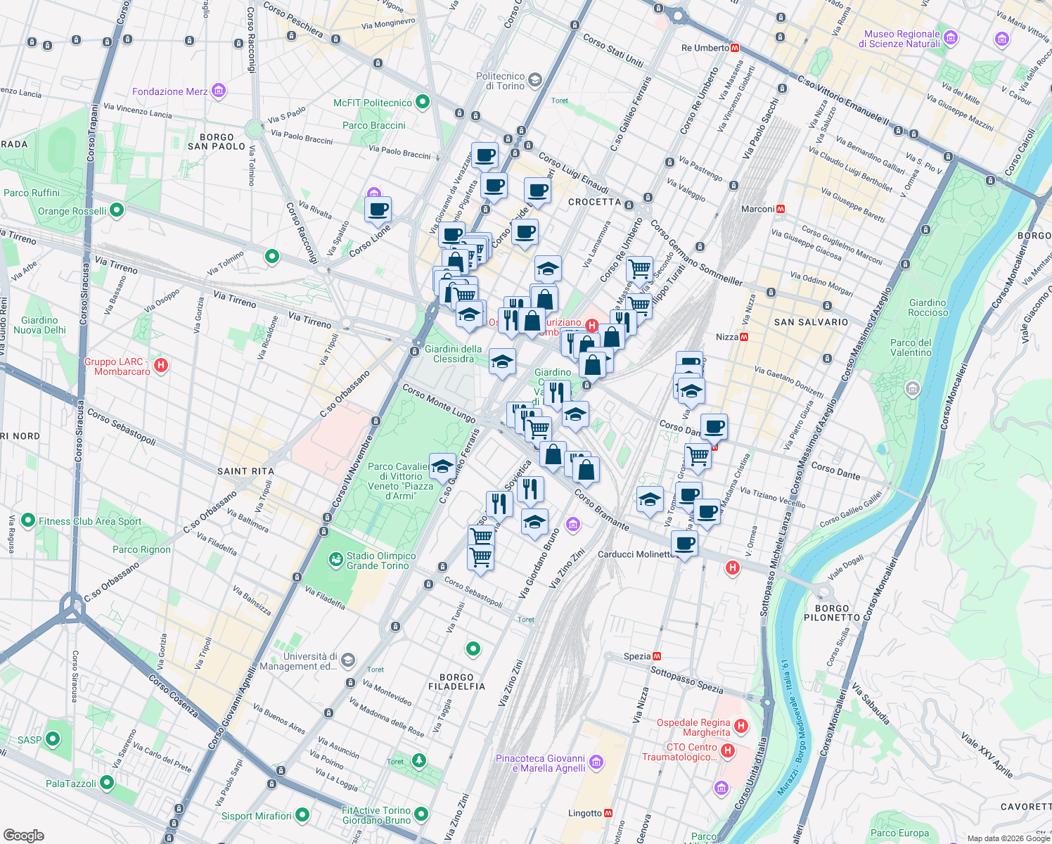 map of restaurants, bars, coffee shops, grocery stores, and more near 16 Via Anton Giulio Barrili in Torino