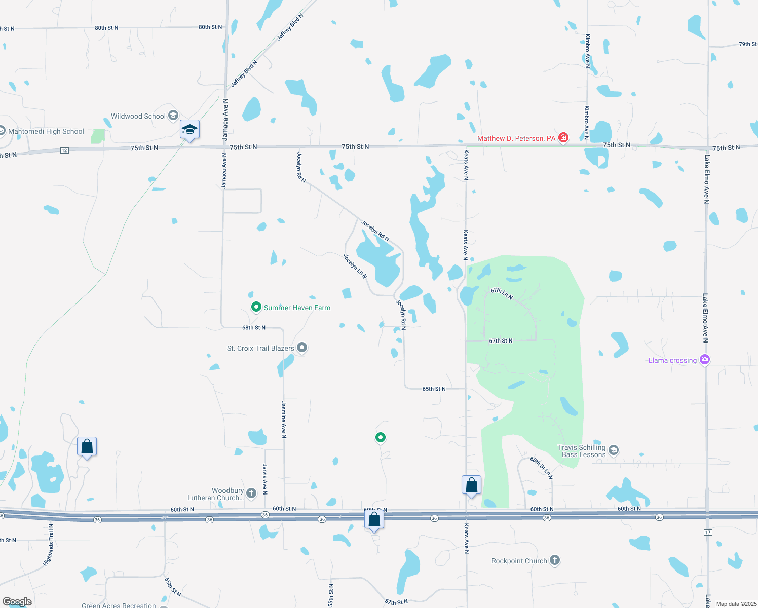 map of restaurants, bars, coffee shops, grocery stores, and more near 6910 Jocelyn Lane North in Stillwater