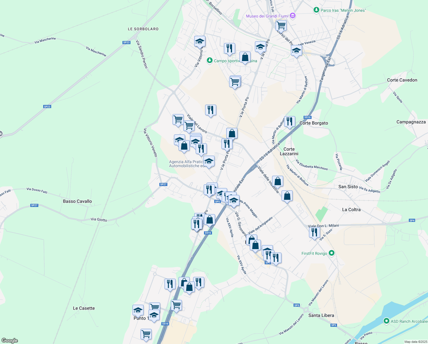 map of restaurants, bars, coffee shops, grocery stores, and more near 16 Via Luigi Einaudi in Rovigo