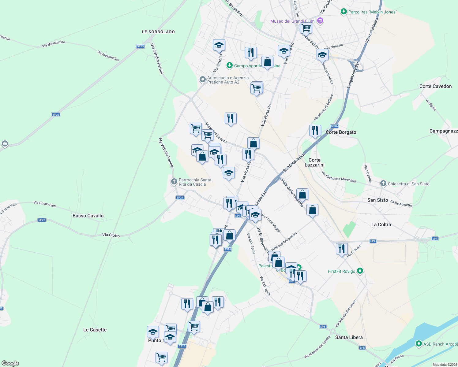 map of restaurants, bars, coffee shops, grocery stores, and more near 17 Via Luigi Einaudi in Rovigo
