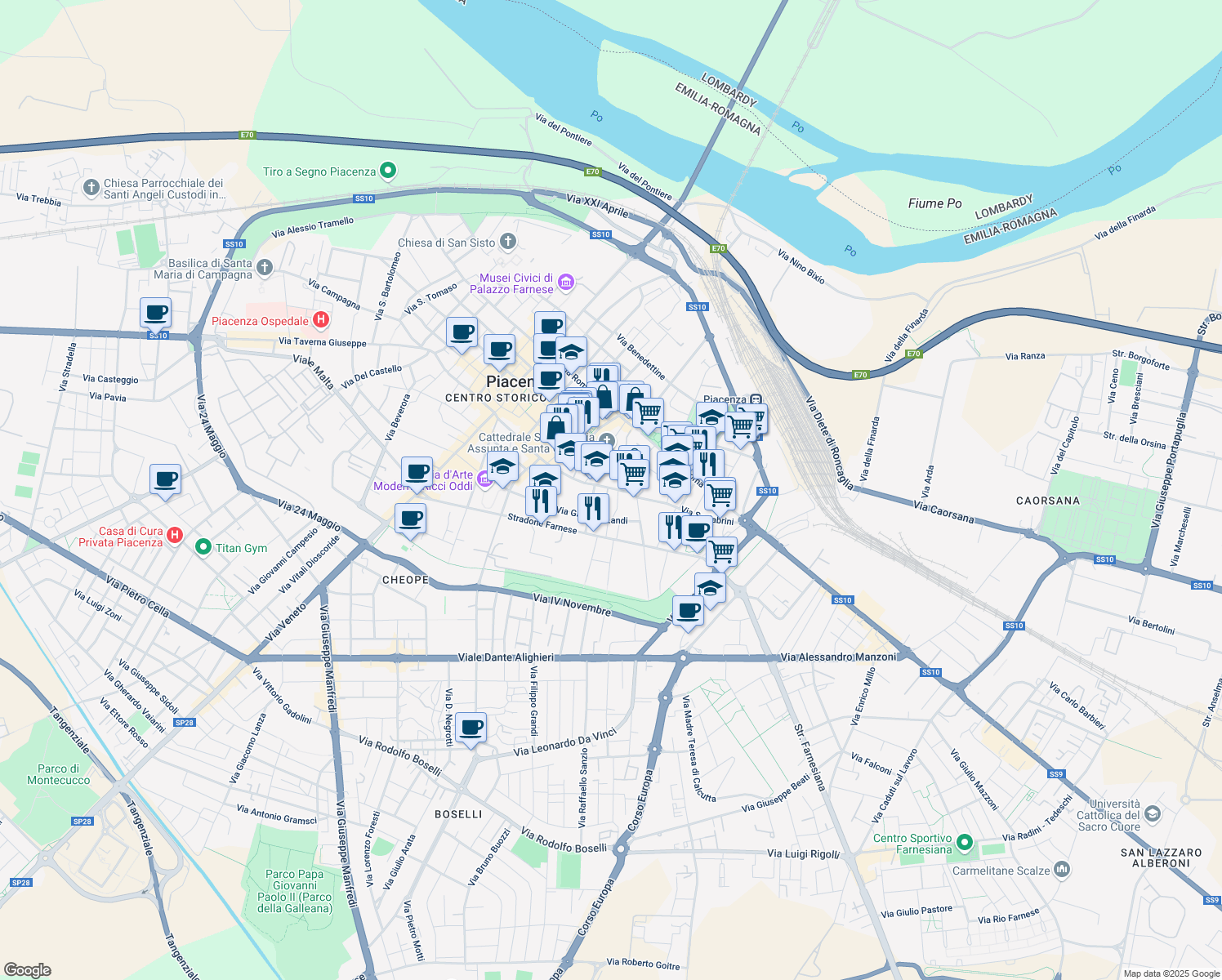 map of restaurants, bars, coffee shops, grocery stores, and more near 3-21 Vicolo Gandine in Piacenza