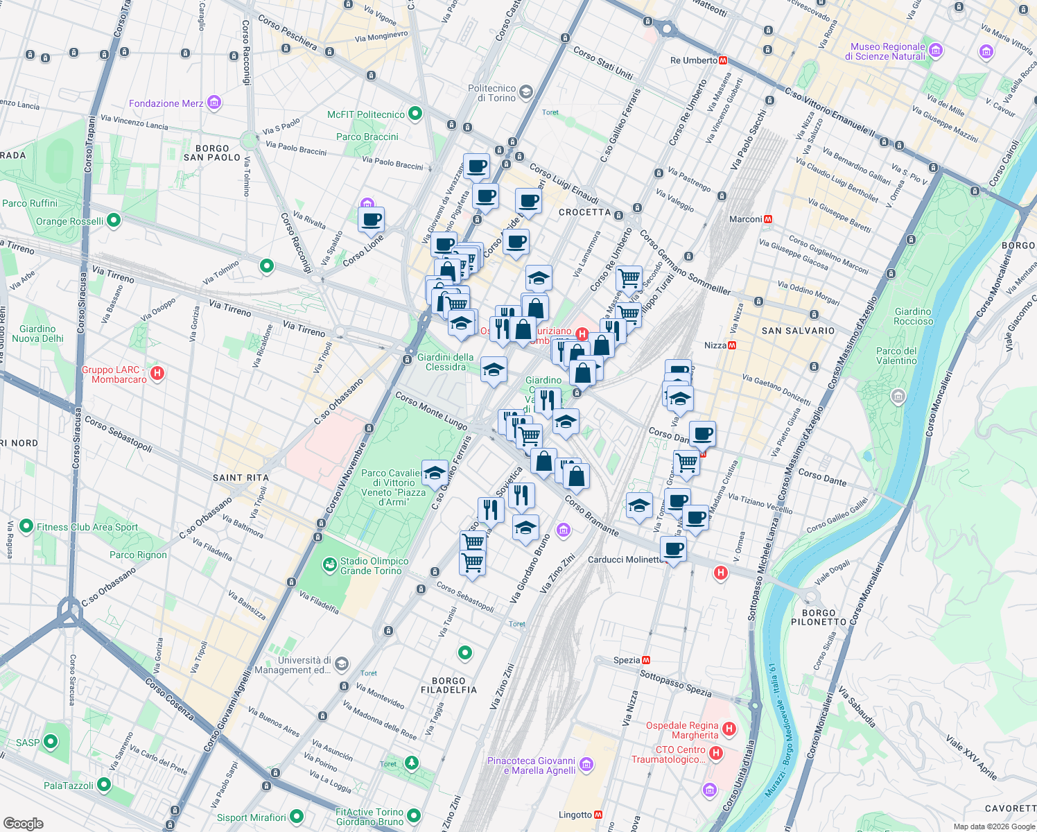 map of restaurants, bars, coffee shops, grocery stores, and more near 16 Via Anton Giulio Barrili in Turin