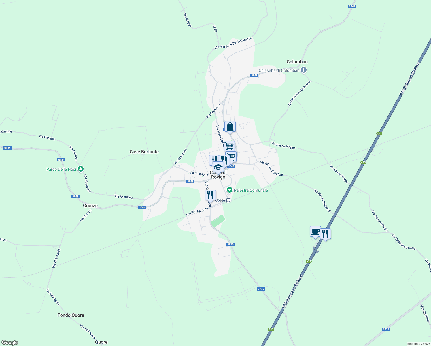 map of restaurants, bars, coffee shops, grocery stores, and more near 75 Via Umberto I in Rovigo