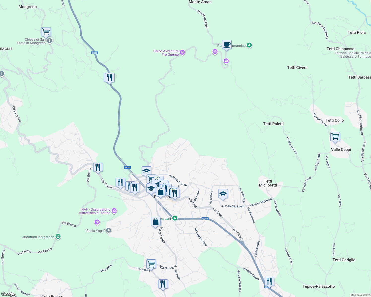 map of restaurants, bars, coffee shops, grocery stores, and more near 17 Via delle Rose in Pino Torinese